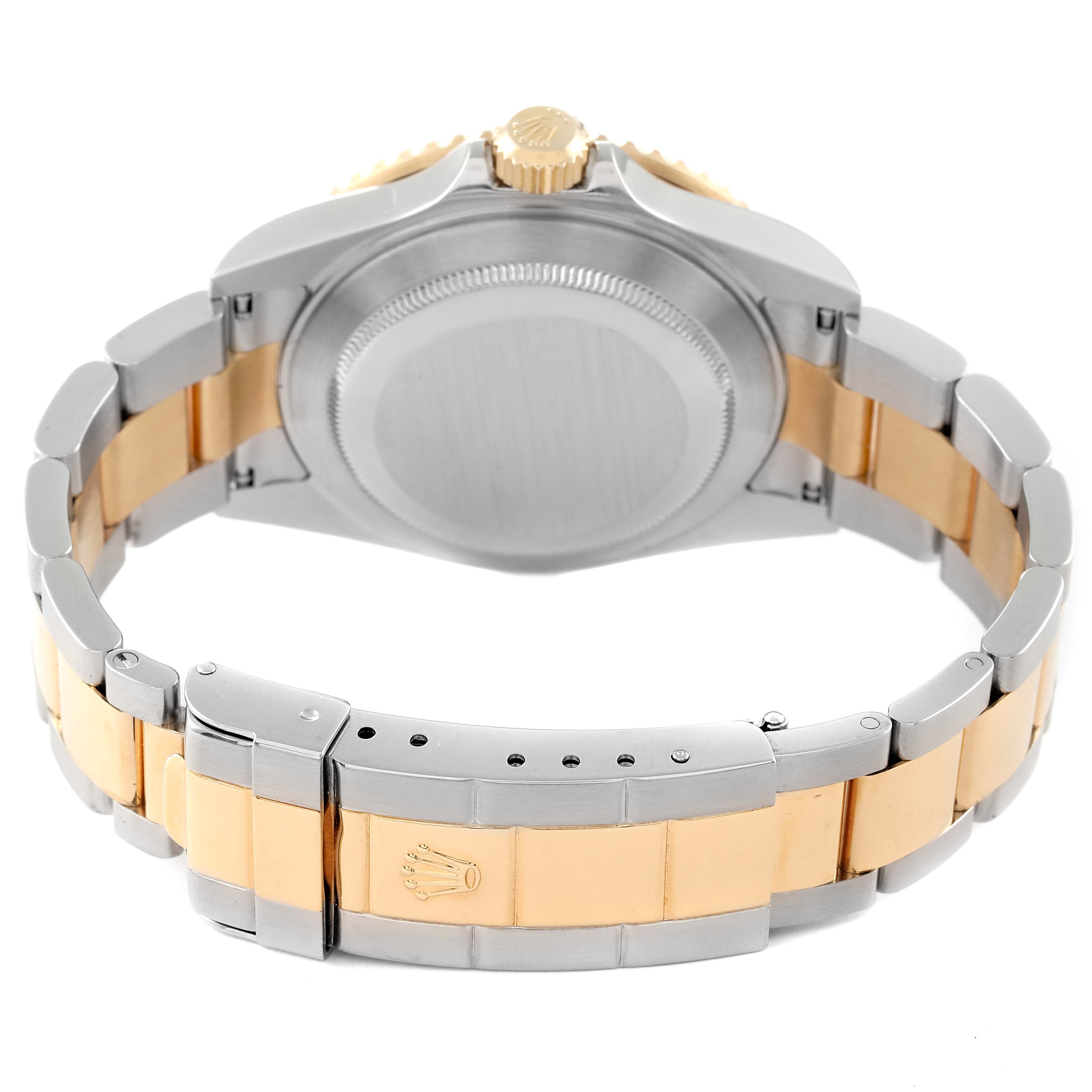 This image shows the back view of a Rolex Submariner 16613 Men's Steel and Gold (two tone) Blue Dial 16613 Men's Steel and Gold (two tone) Blue Dial watch, highlighting the stainless steel and gold bracelet and the clasp with the Rolex logo.