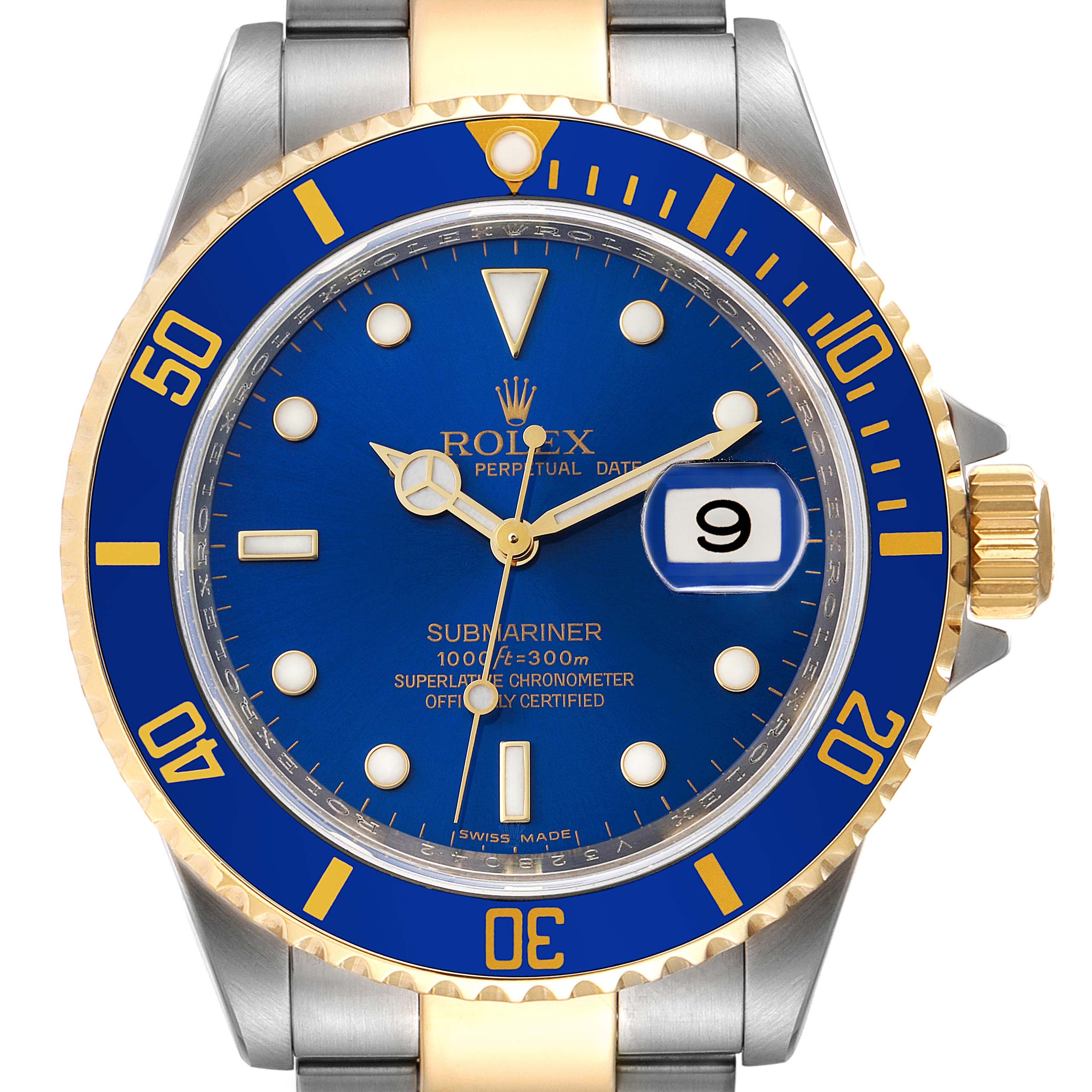 The image shows a Rolex Submariner 16613 Men's Steel and Gold (two tone) Blue Dial 16613 Men's Steel and Gold (two tone) Blue Dial watch from the front, highlighting its face, bezel, dial, hands, and part of the bracelet.