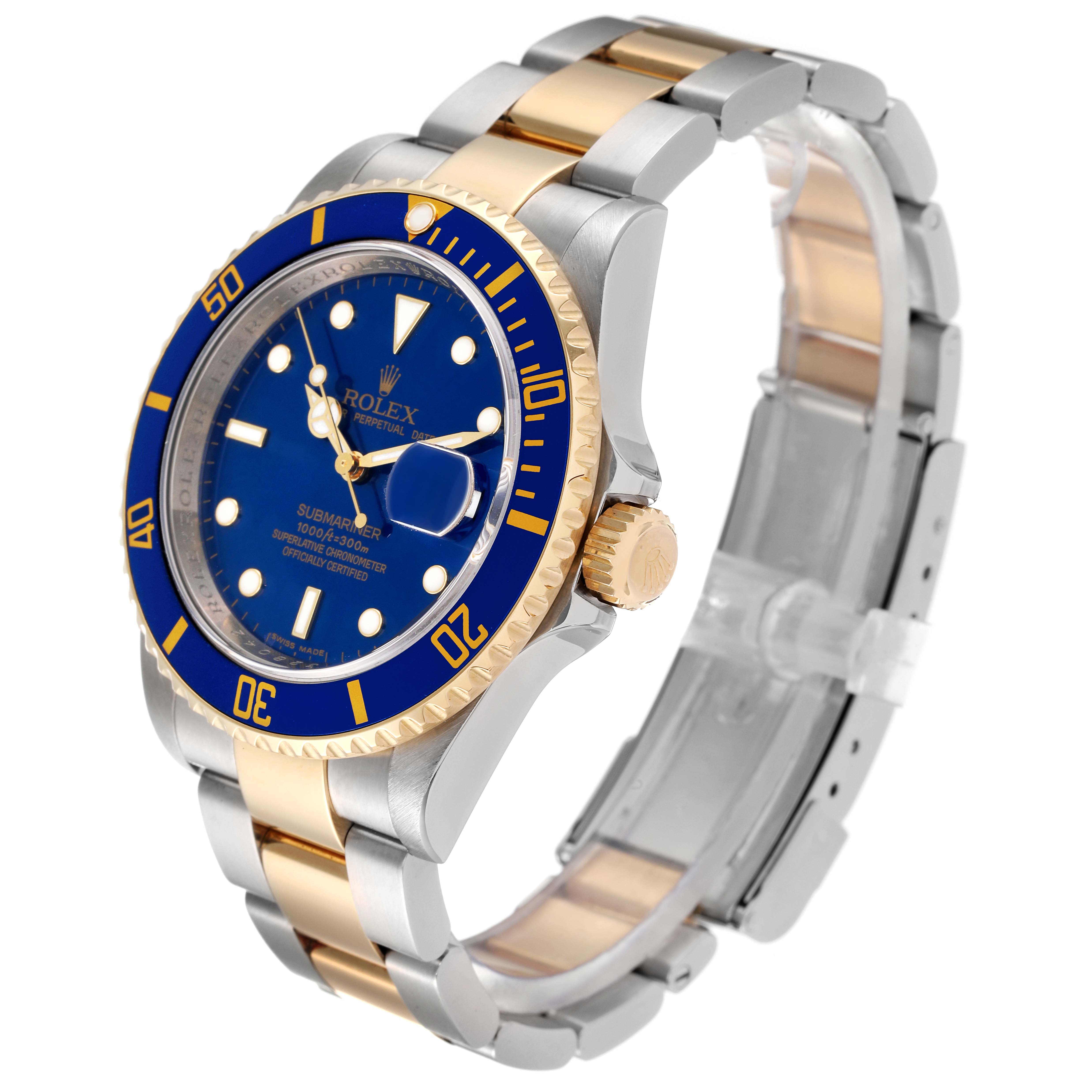 The image shows a side and front angle of a Rolex Submariner 16613 Men's Steel and Gold (two tone) Blue Dial 16613 Men's Steel and Gold (two tone) Blue Dial watch with a blue dial and two-tone bracelet.