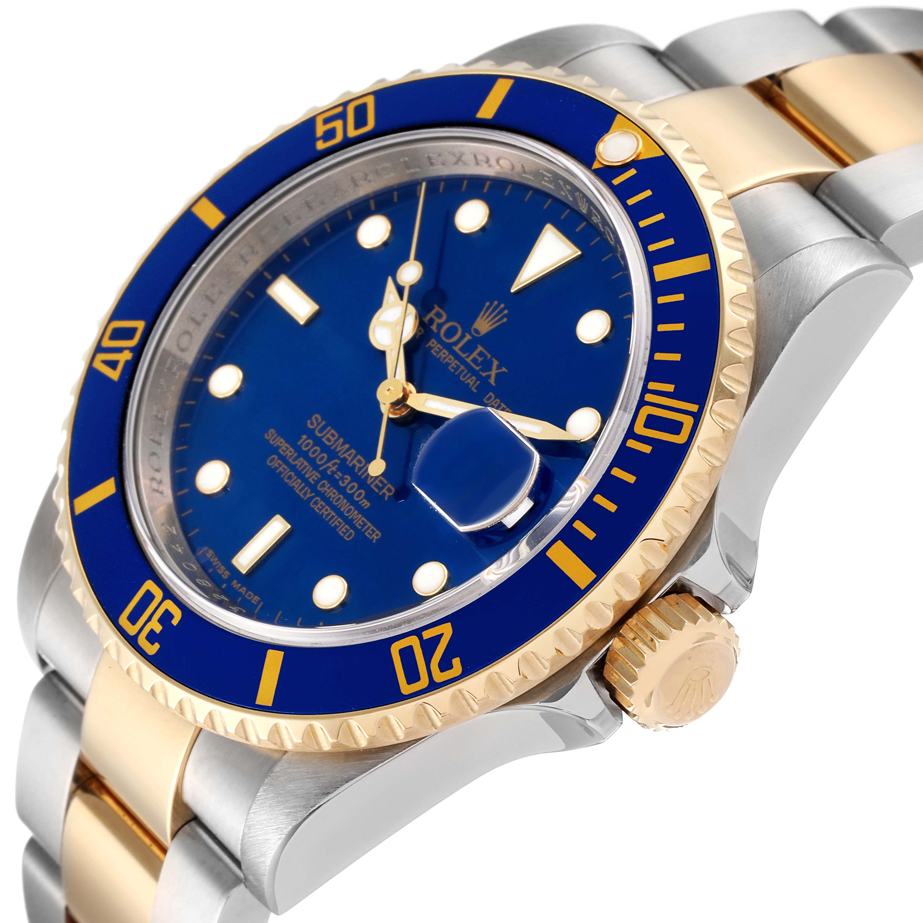The image shows a close-up, angled view of a Rolex Submariner 16613 Men's Steel and Gold (two tone) Blue Dial 16613 Men's Steel and Gold (two tone) Blue Dial watch, highlighting the blue dial, bezel, crown, and part of the bracelet.