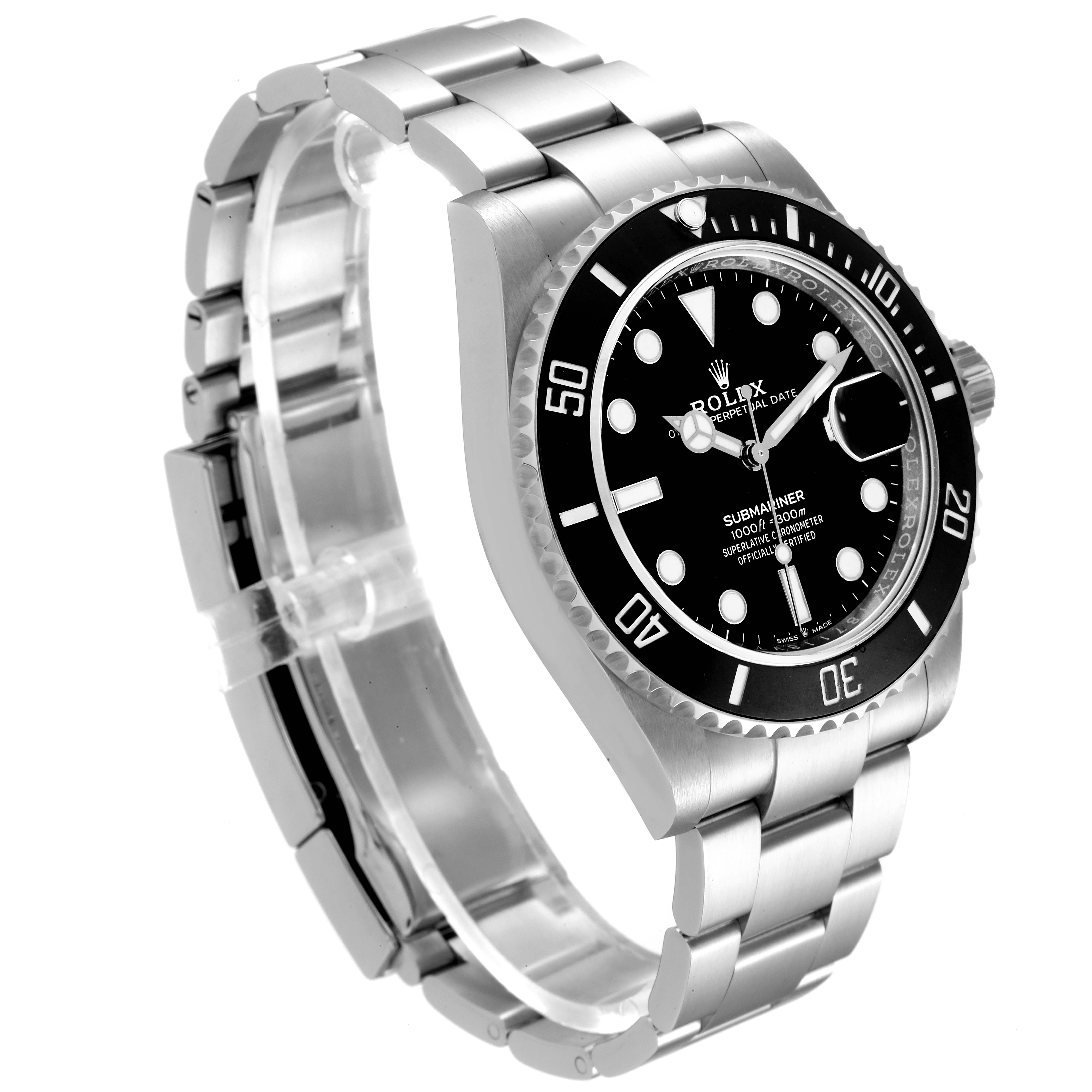 The Rolex Submariner 126610 Men
s Stainless Steel Black Dial 126610 Men
s Stainless Steel Black Dial watch is shown at an angle displaying the face, bezel, crown, and part of the bracelet.