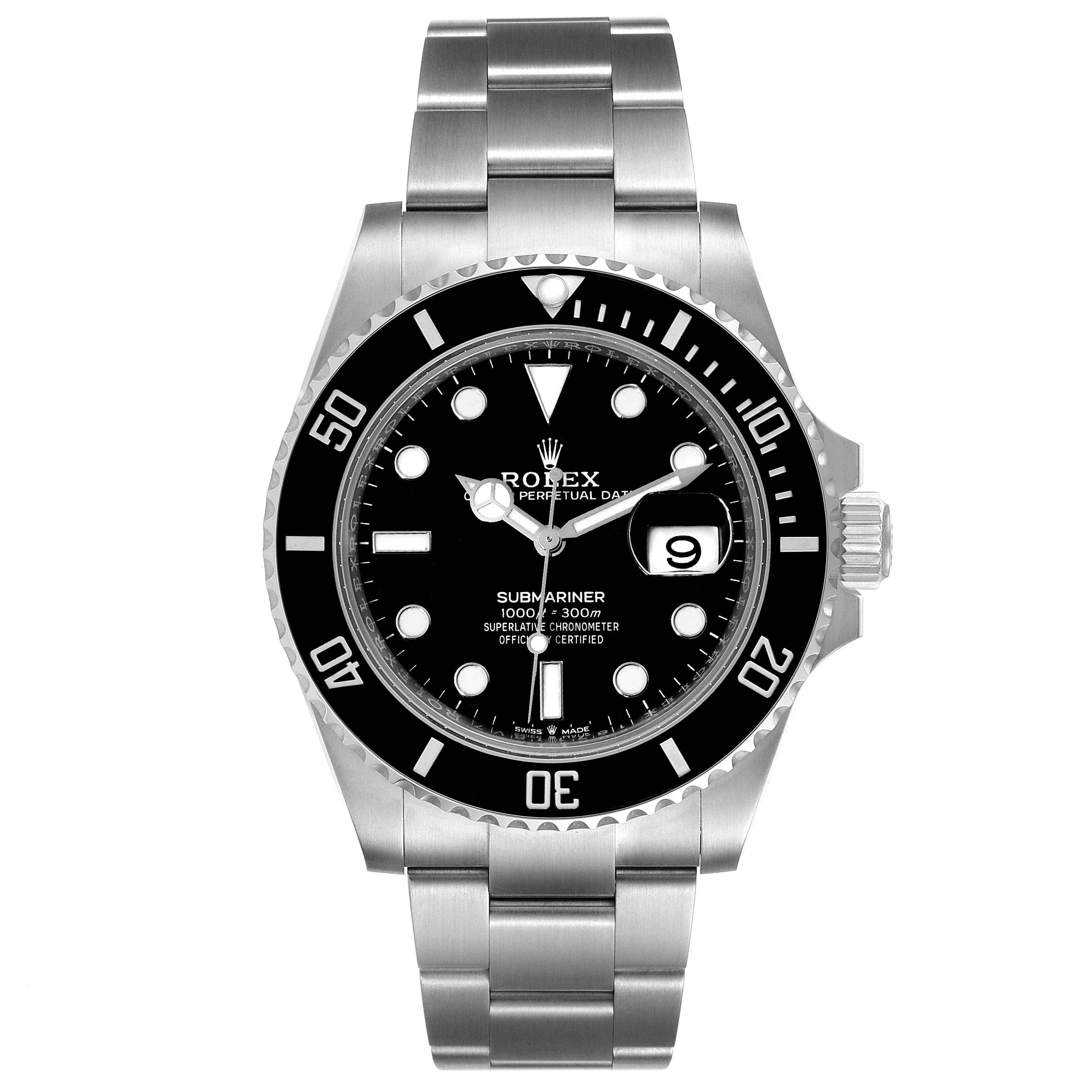 The image shows a front view of the Rolex Submariner 126610 Men
s Stainless Steel Black Dial 126610 Men
s Stainless Steel Black Dial watch, displaying its bezel, dial, bracelet, and date window.