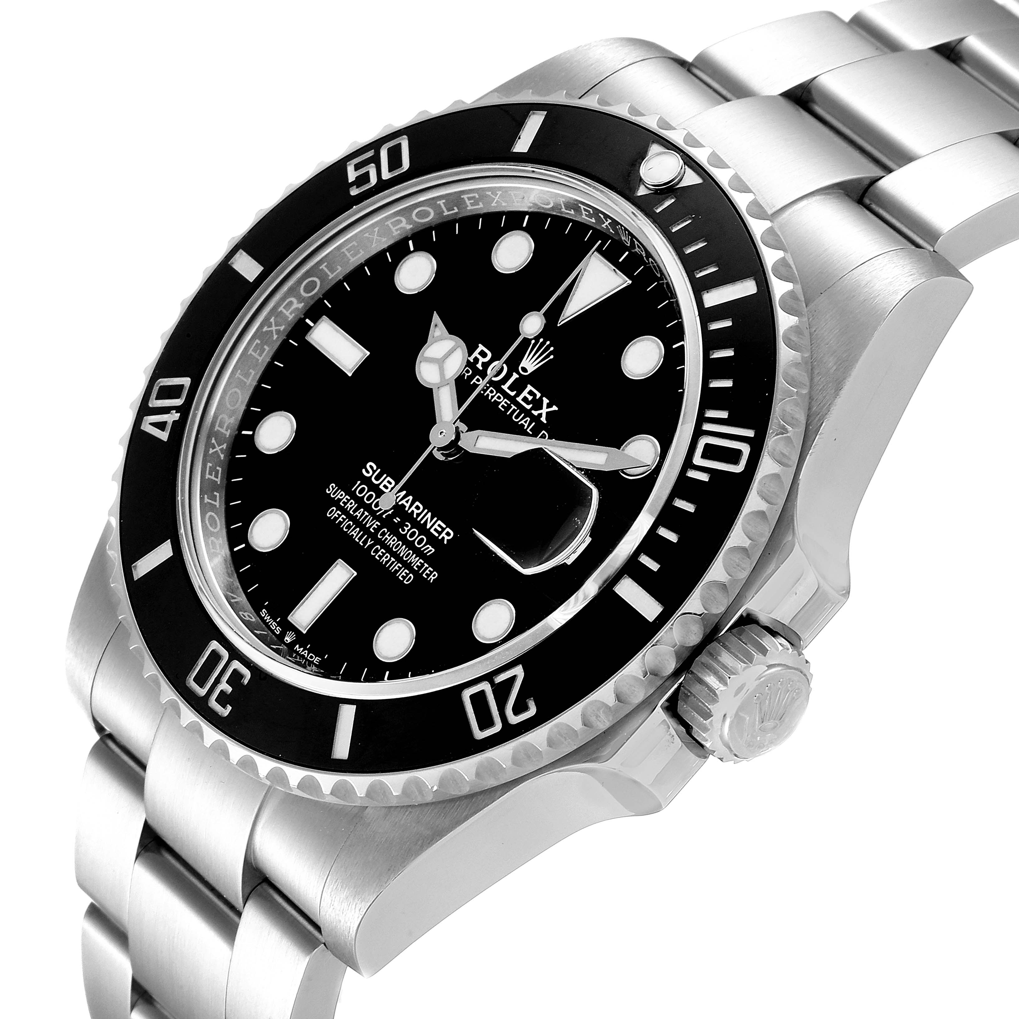 This image shows a side angle view of a Rolex Submariner 126610 Men
s Stainless Steel Black Dial 126610 Men
s Stainless Steel Black Dial watch, highlighting the bezel, dial, crown, and bracelet.