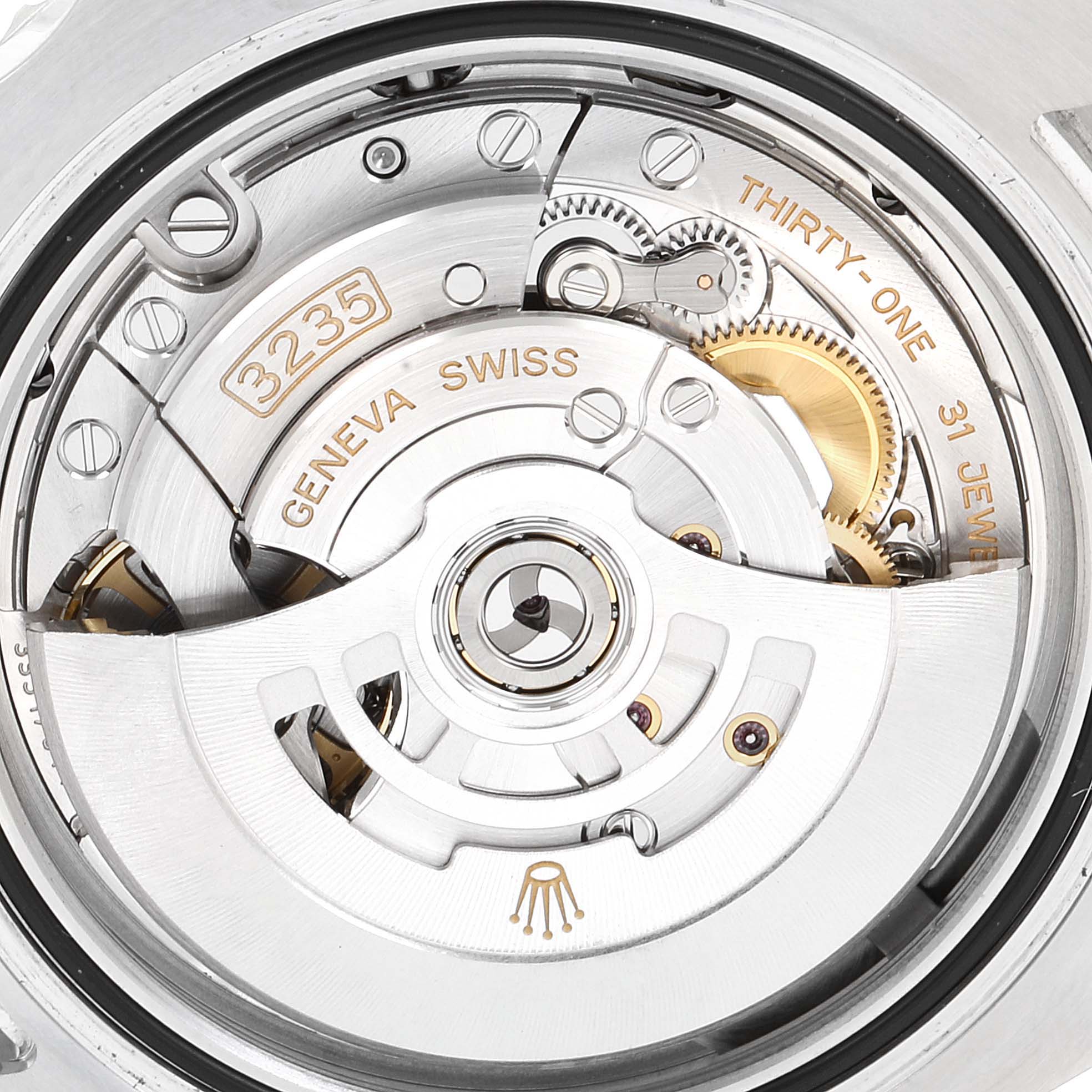 The image shows an up-close view of the movement mechanism of a Rolex Submariner 126610 Men
s Stainless Steel Black Dial 126610 Men
s Stainless Steel Black Dial model watch.