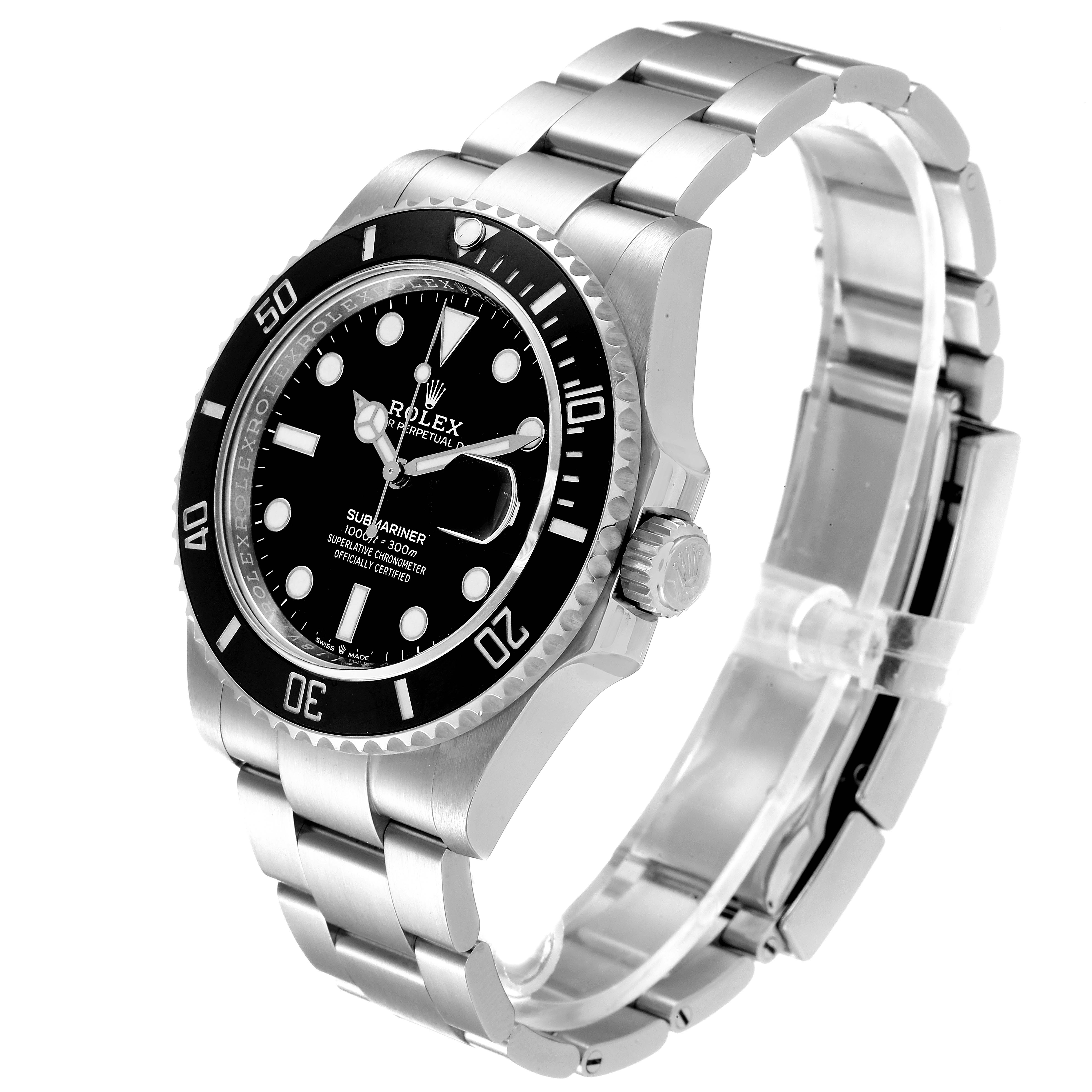 This Rolex Submariner 126610 Men
s Stainless Steel Black Dial 126610 Men
s Stainless Steel Black Dial watch is shown at a three-quarter angle, displaying its face, bezel, and metal bracelet.