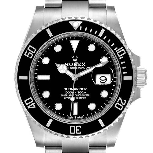 The Rolex Submariner watch is shown from the front, highlighting its dial, bezel, crown, and a portion of the bracelet.