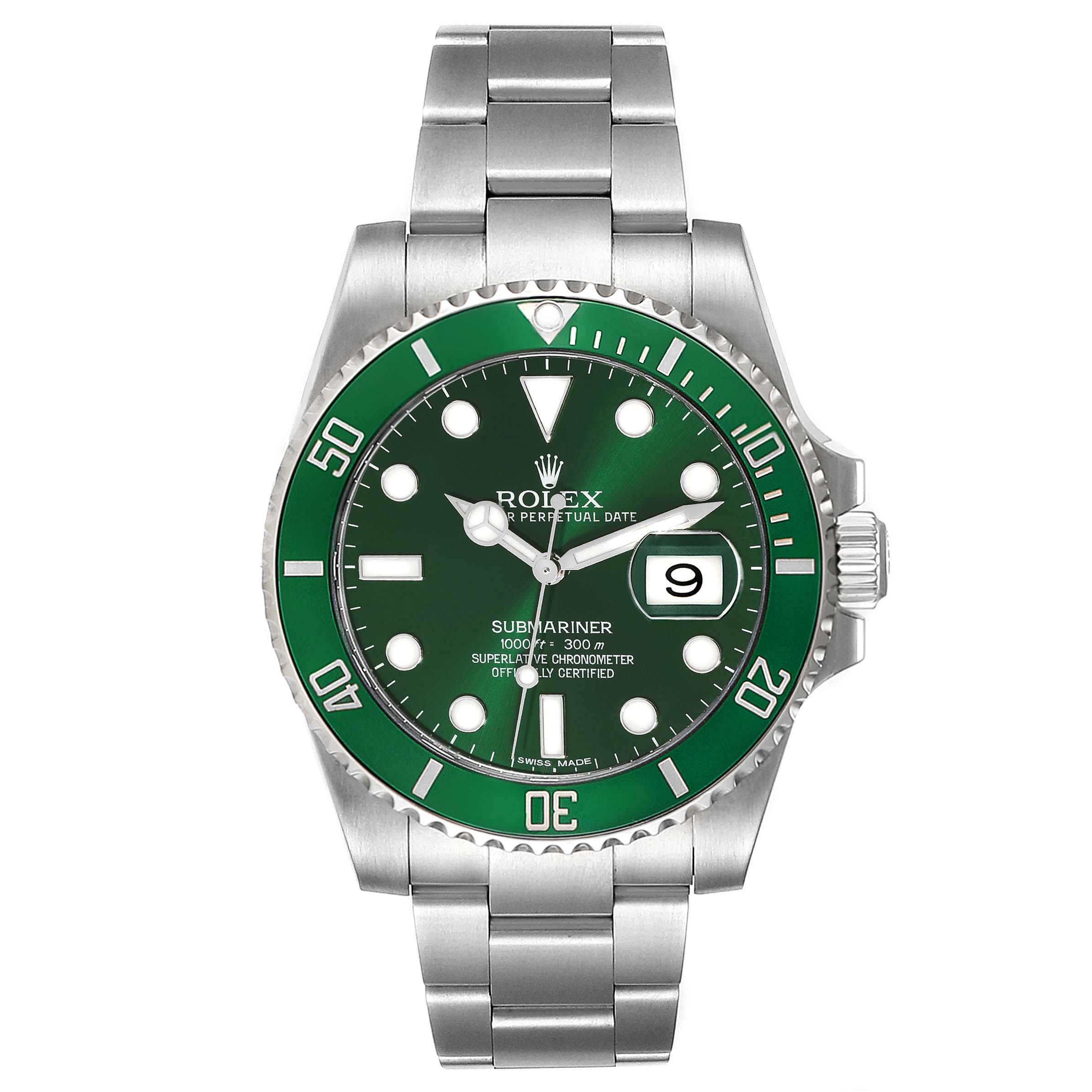 The image shows a front view of a Rolex Submariner 116610LV Men
s Stainless Steel Green Dial 116610LV Men
s Stainless Steel Green Dial watch, highlighting its green dial, date display, and stainless steel bracelet.