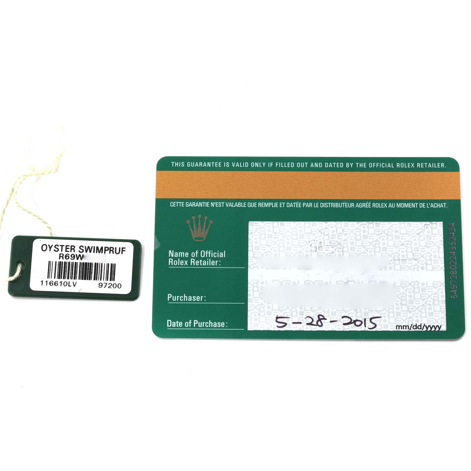The image shows a warranty card and tag for a Rolex Submariner 116610LV Men
s Stainless Steel Green Dial 116610LV Men
s Stainless Steel Green Dial model with information such as purchase date.