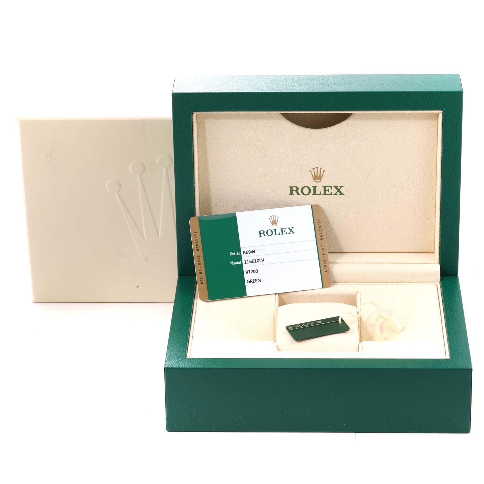 The image shows the packaging for a Rolex Submariner 116610LV Men
s Stainless Steel Green Dial 116610LV Men
s Stainless Steel Green Dial, including the box and certification card.