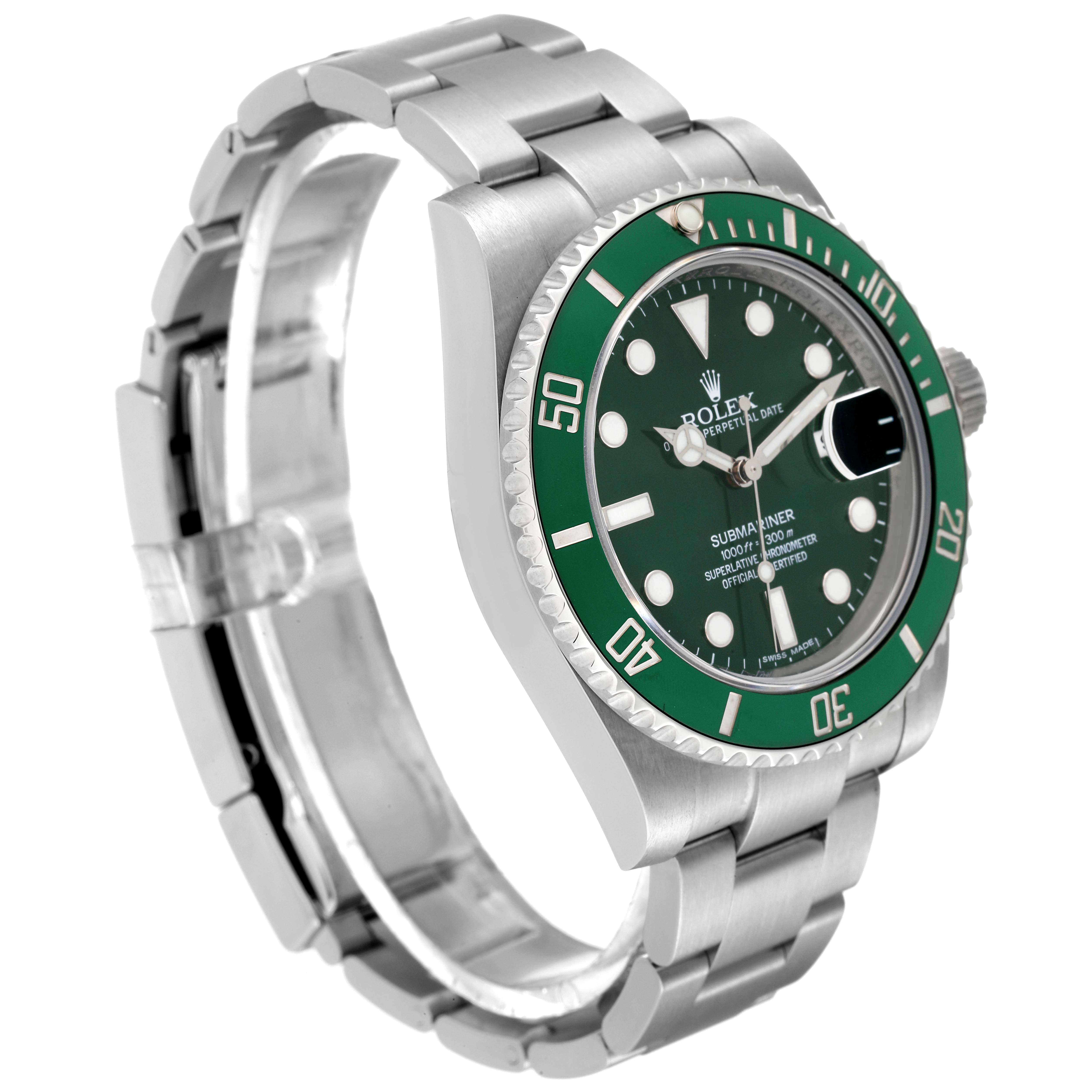 The image shows a side angle of the Rolex Submariner 116610LV Men
s Stainless Steel Green Dial 116610LV Men
s Stainless Steel Green Dial watch, highlighting its green bezel, dial, and stainless steel bracelet.