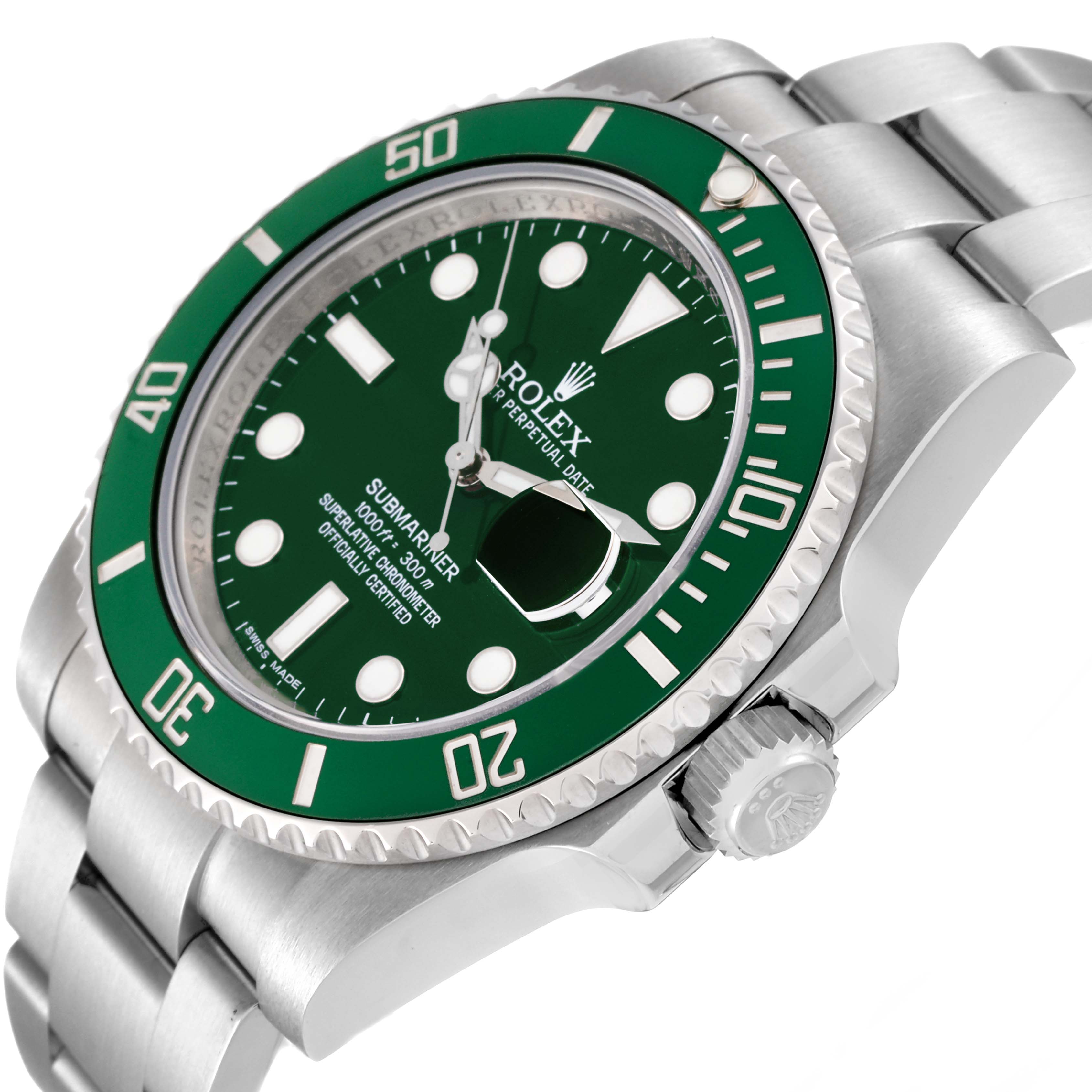 The image shows a Rolex Submariner 116610LV Men
s Stainless Steel Green Dial 116610LV Men
s Stainless Steel Green Dial watch at a three-quarter angle showcasing the green bezel, dial, and part of the stainless steel bracelet.