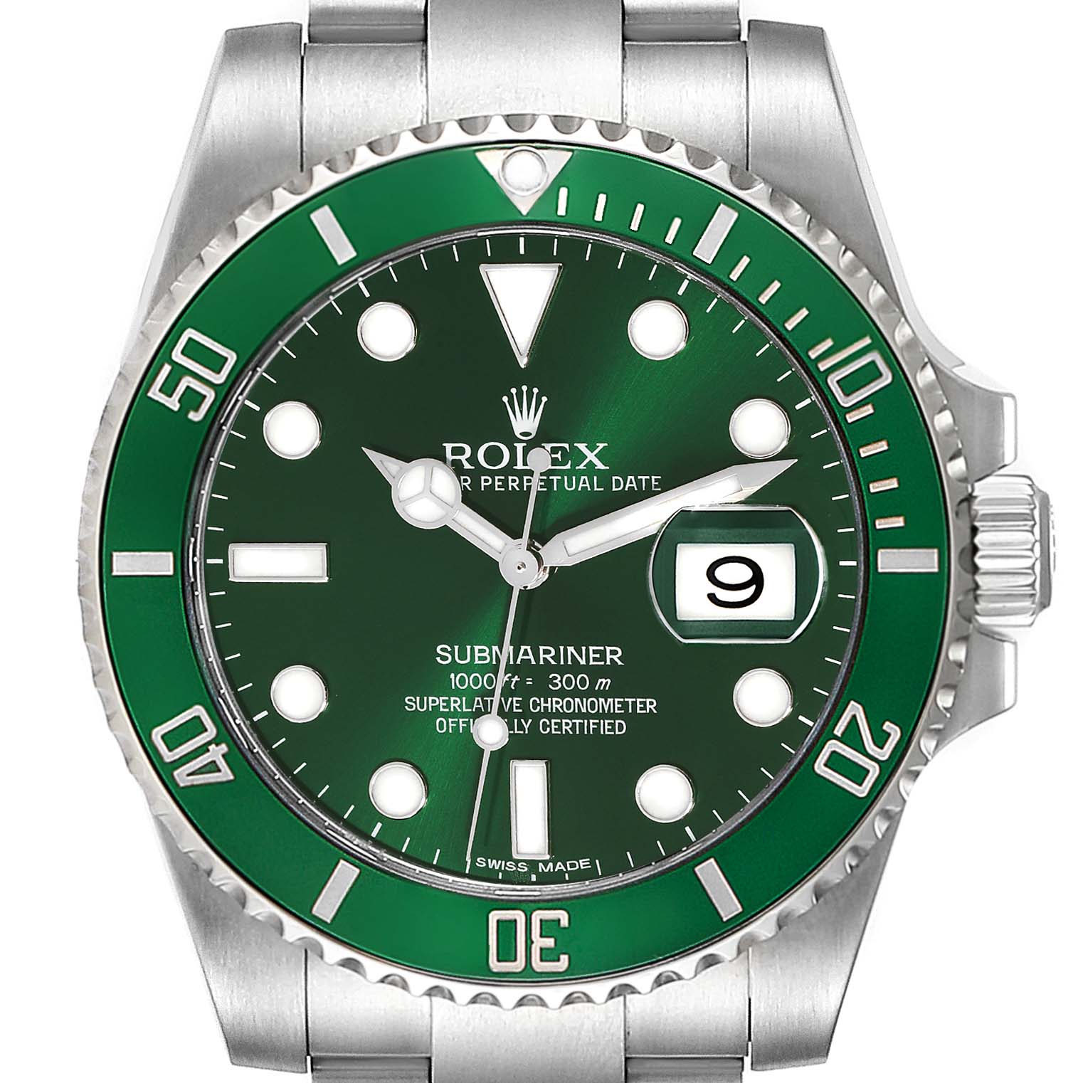 The image shows a front view of a Rolex Submariner 116610LV Men
s Stainless Steel Green Dial 116610LV Men
s Stainless Steel Green Dial watch with a green dial and bezel, showcasing the face and part of the steel bracelet.