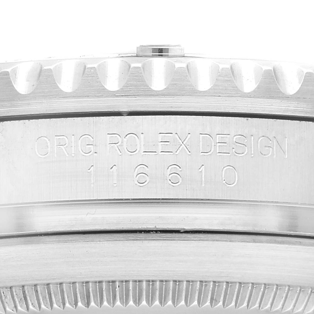 The image shows a close-up of the side of a Rolex Submariner 116610LV Men
s Stainless Steel Green Dial 116610LV Men
s Stainless Steel Green Dial watch case, highlighting the model number 116610 engraved on it.