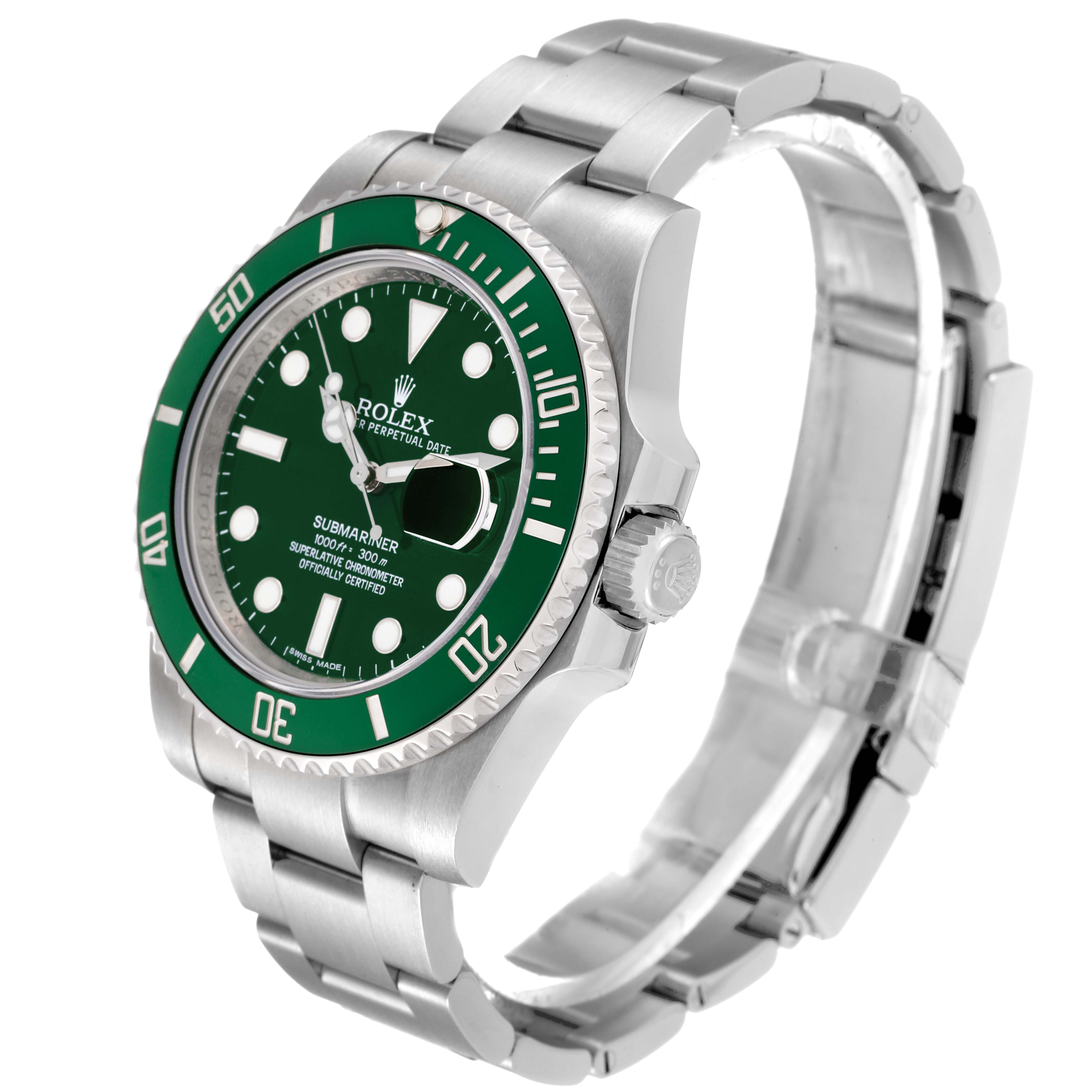 The image shows a Rolex Submariner 116610LV Men
s Stainless Steel Green Dial 116610LV Men
s Stainless Steel Green Dial watch at a three-quarter angle, highlighting its green bezel, dial, and stainless steel bracelet.
