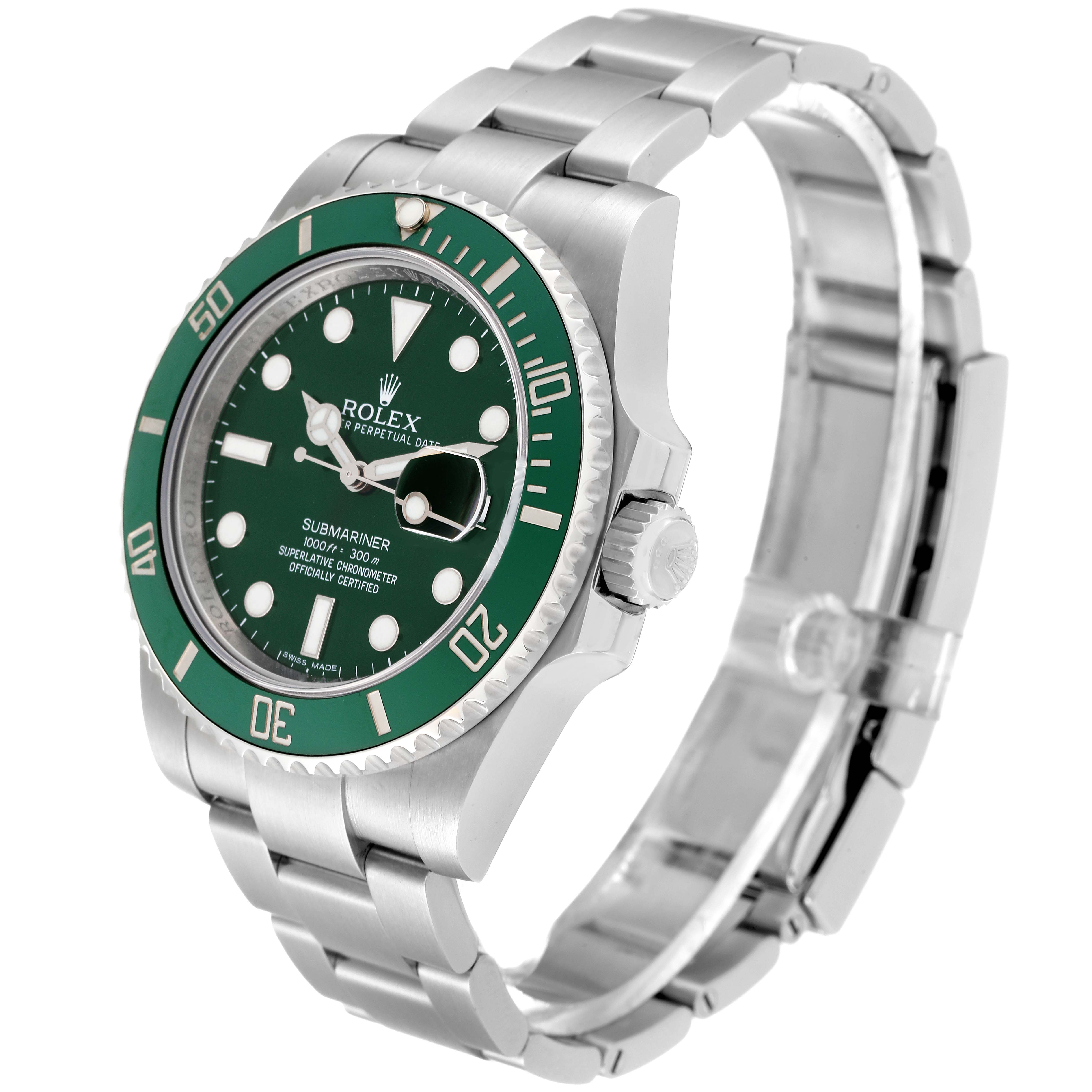 The image shows a Rolex Submariner 116610LV Men
s Stainless Steel Green Dial 116610LV Men
s Stainless Steel Green Dial watch angled slightly from the side, highlighting the green bezel, dial, and stainless steel bracelet.