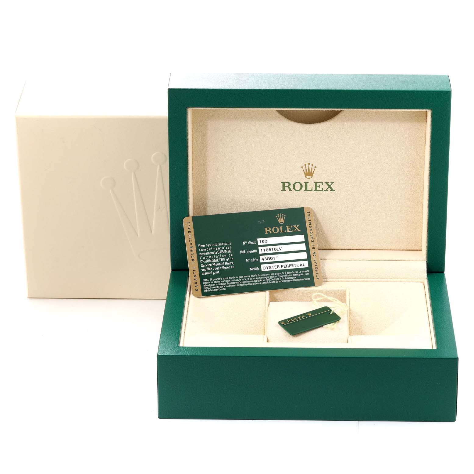 The image shows an open Rolex Submariner 116610LV Men
s Stainless Steel Green Dial 116610LV Men
s Stainless Steel Green Dial watch box containing a certification card and tag.