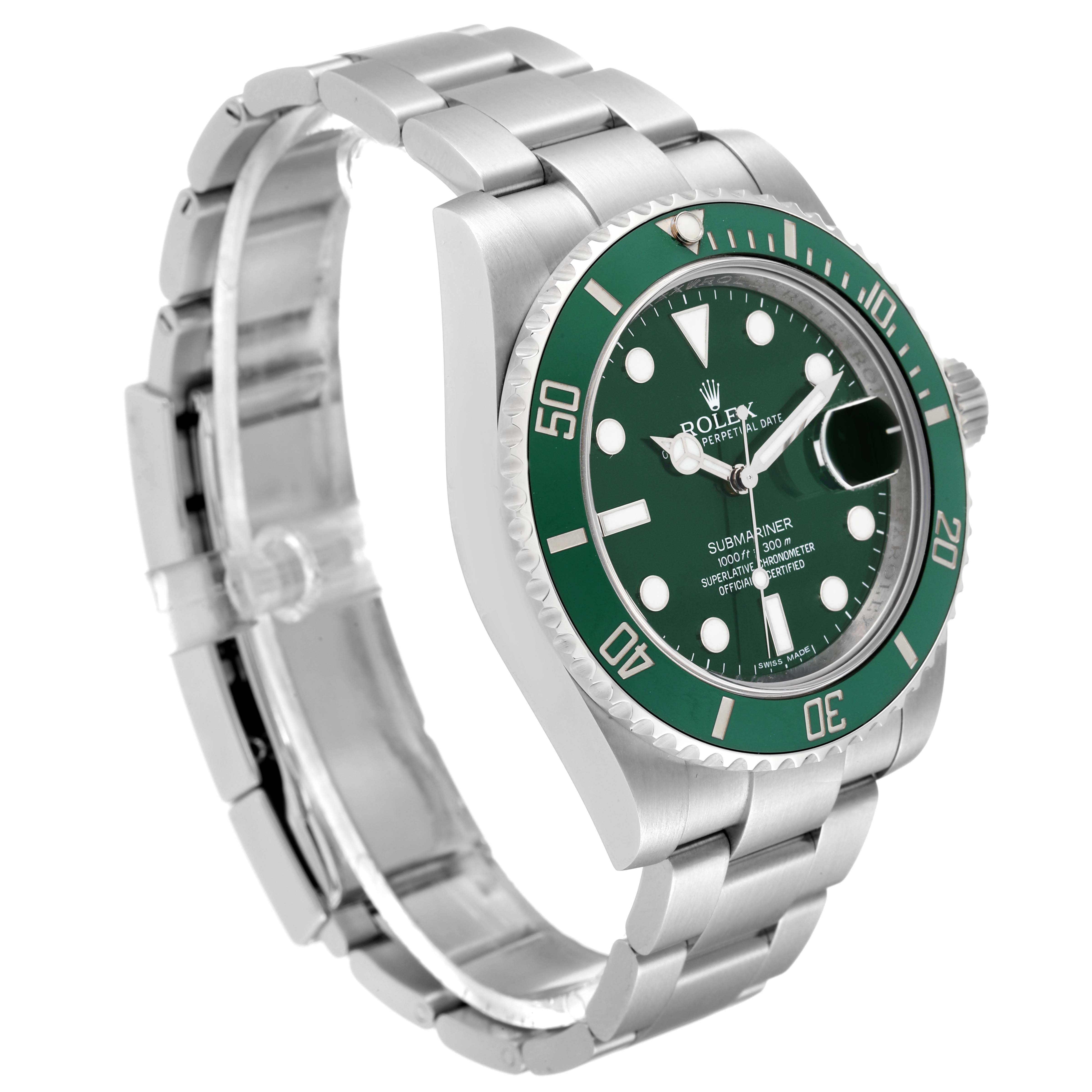 The Rolex Submariner 116610LV Men
s Stainless Steel Green Dial 116610LV Men
s Stainless Steel Green Dial watch is shown at an angle showcasing its green bezel, dial, and part of its stainless steel bracelet.