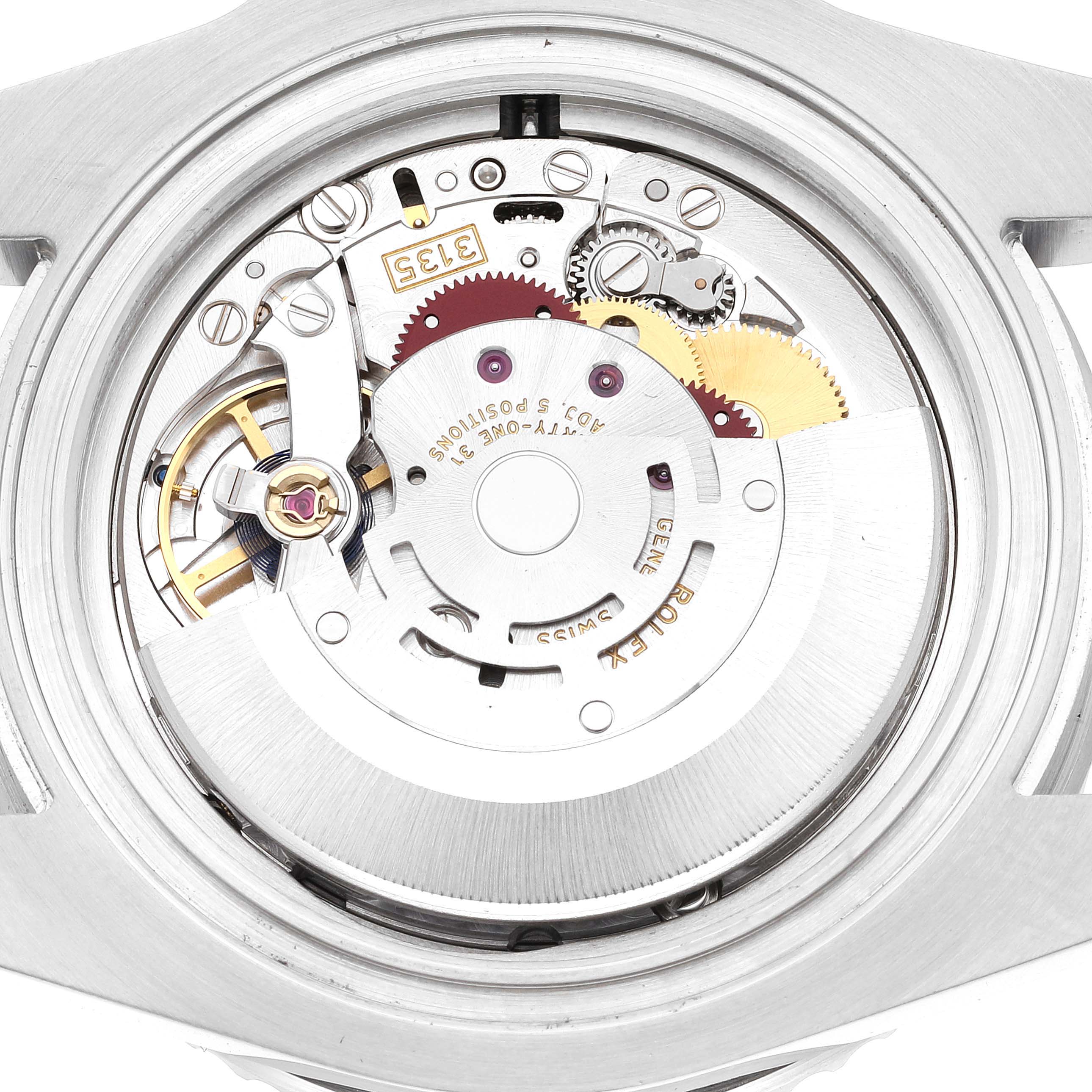 This image shows the internal mechanism and movement parts of a Rolex Submariner 116610LV Men
s Stainless Steel Green Dial 116610LV Men
s Stainless Steel Green Dial watch from a back view angle.