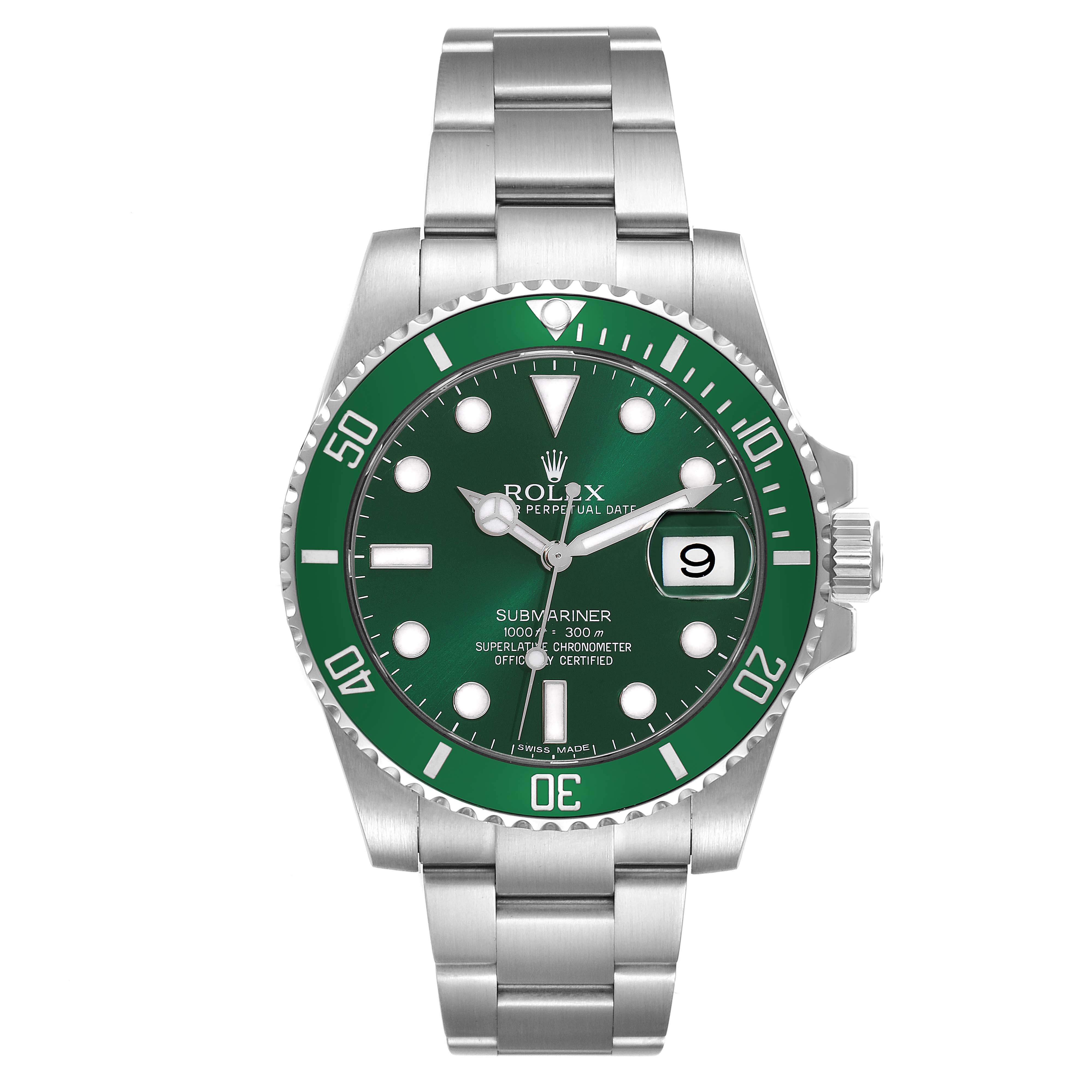 The image shows a front view of a Rolex Submariner 116610LV Men
s Stainless Steel Green Dial 116610LV Men
s Stainless Steel Green Dial watch with a green bezel and dial, and its stainless steel bracelet.