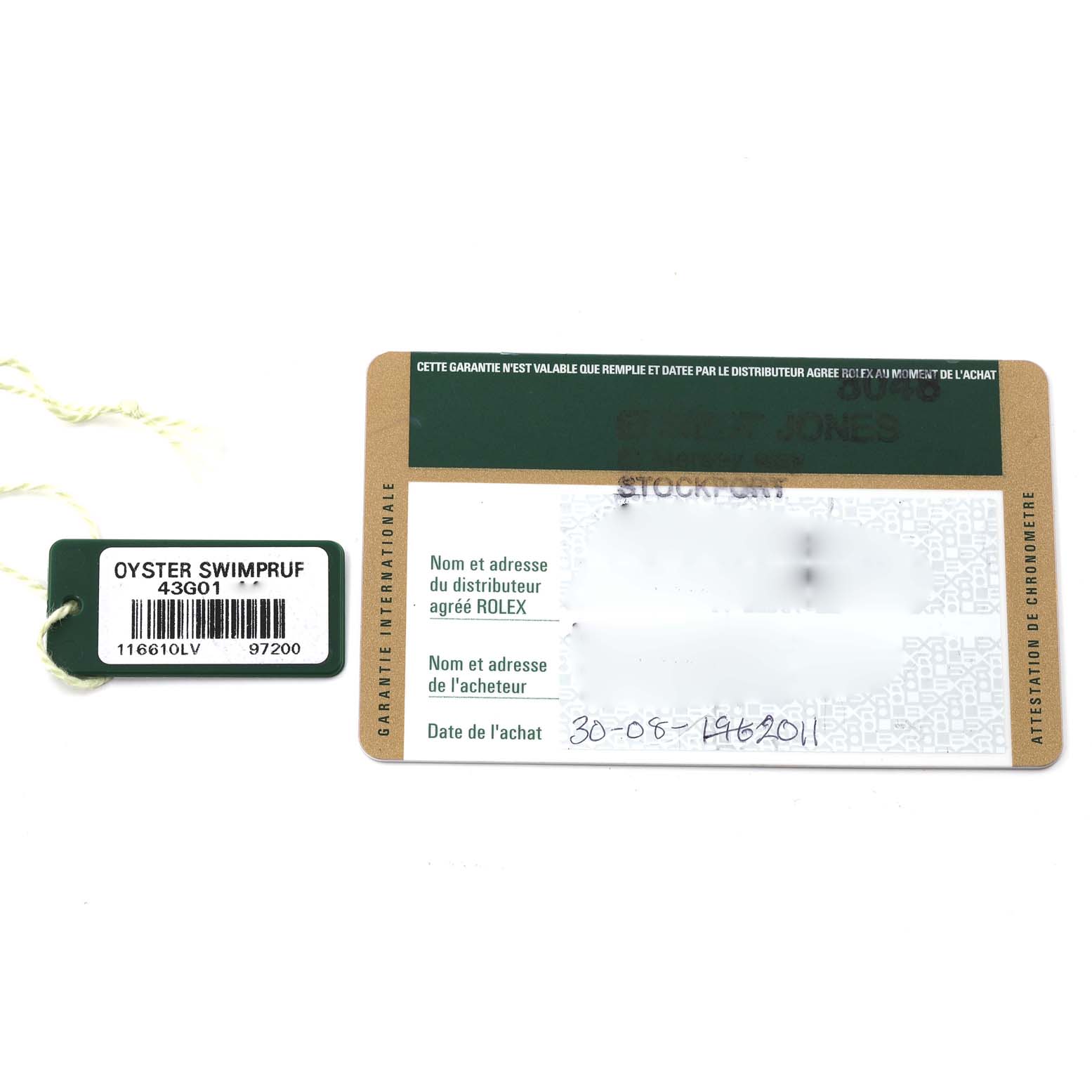 The image shows the warranty card and the tag for a Rolex Submariner 116610LV Men
s Stainless Steel Green Dial 116610LV Men
s Stainless Steel Green Dial, highlighting the model and purchase details.