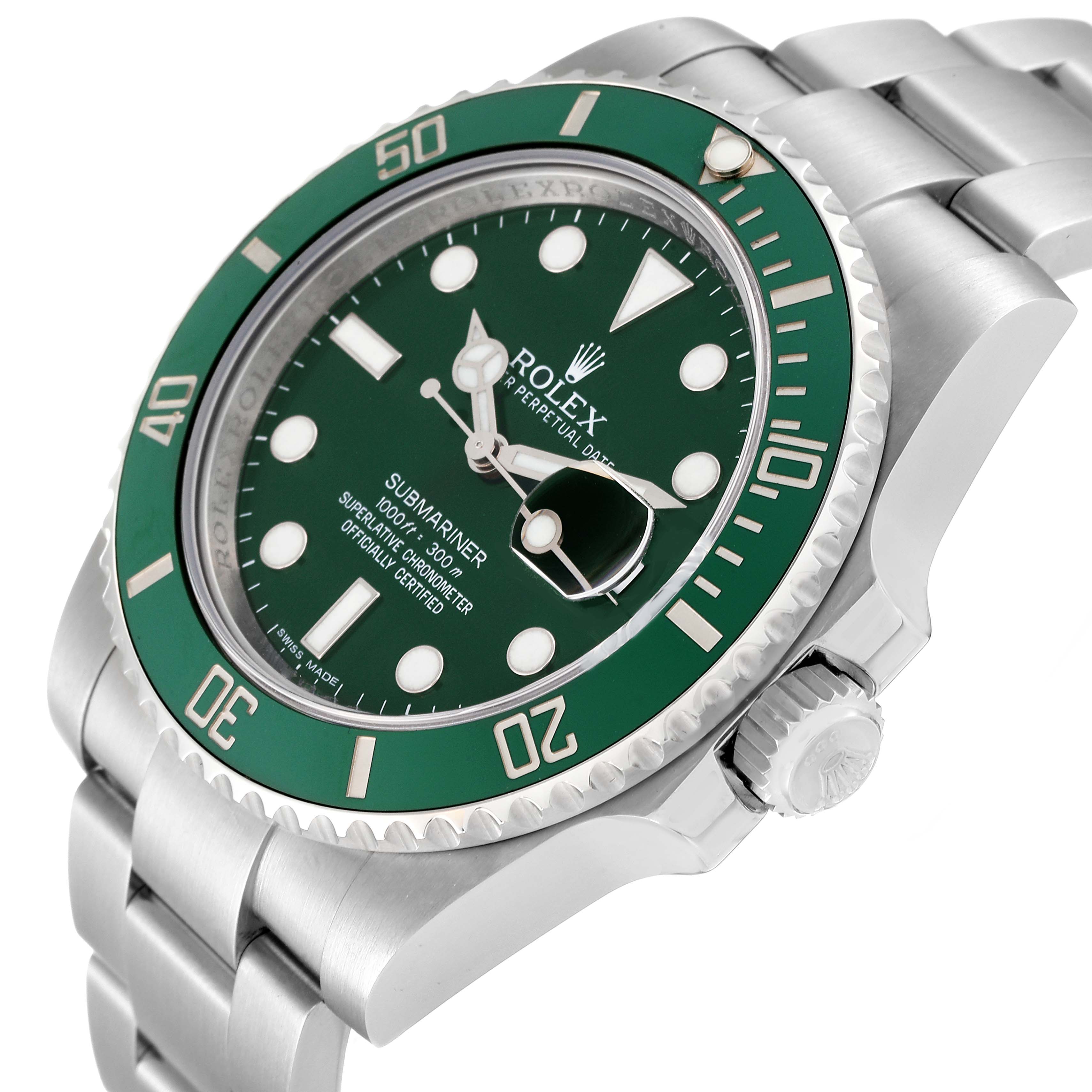 The image shows a side angle of the Rolex Submariner 116610LV Men
s Stainless Steel Green Dial 116610LV Men
s Stainless Steel Green Dial, highlighting the dial, bezel, crown, and part of the bracelet.