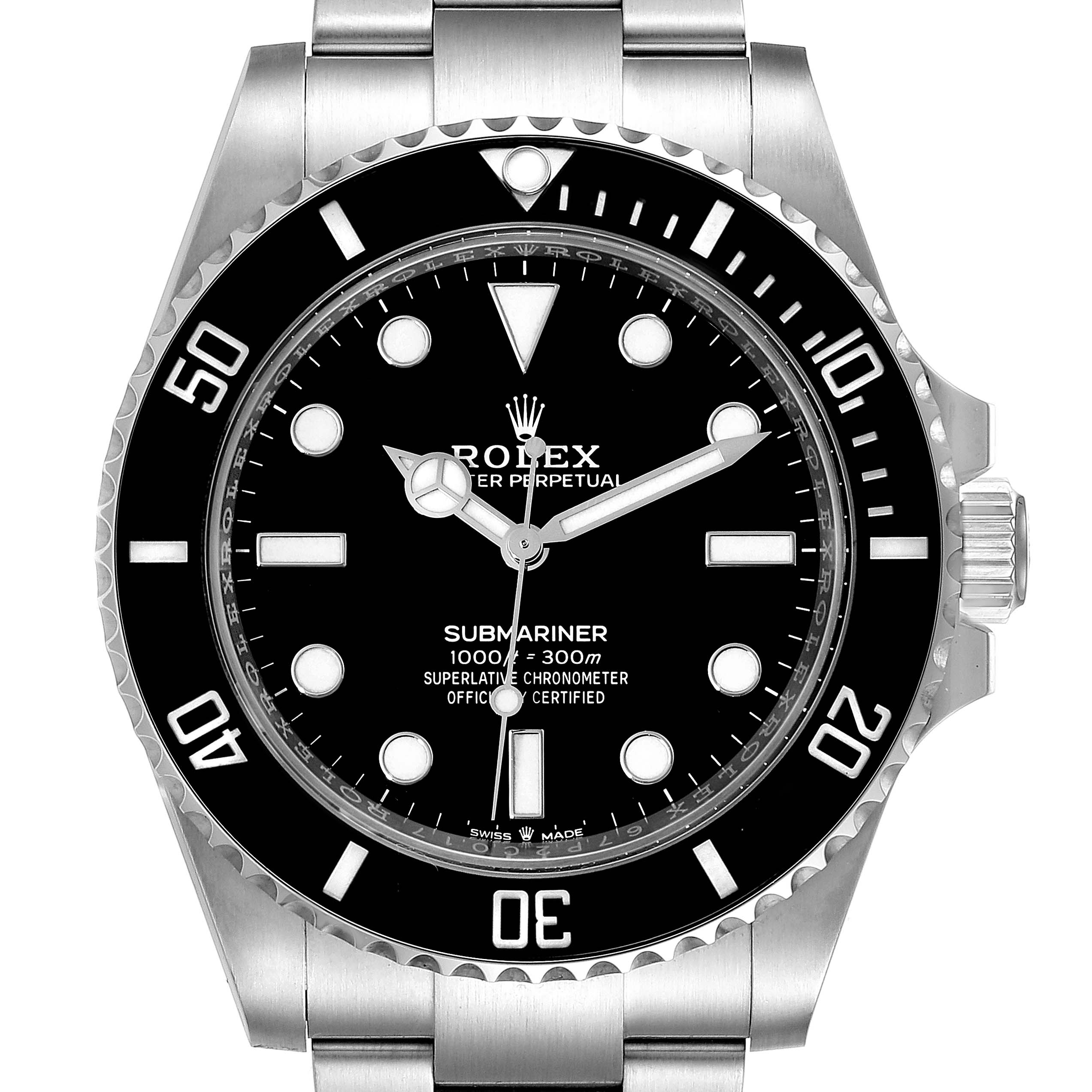The image shows a front view of the Rolex Submariner 124060 Men
s Stainless Steel Black Dial 124060 Men
s Stainless Steel Black Dial, displaying the dial, bezel, and part of the bracelet.