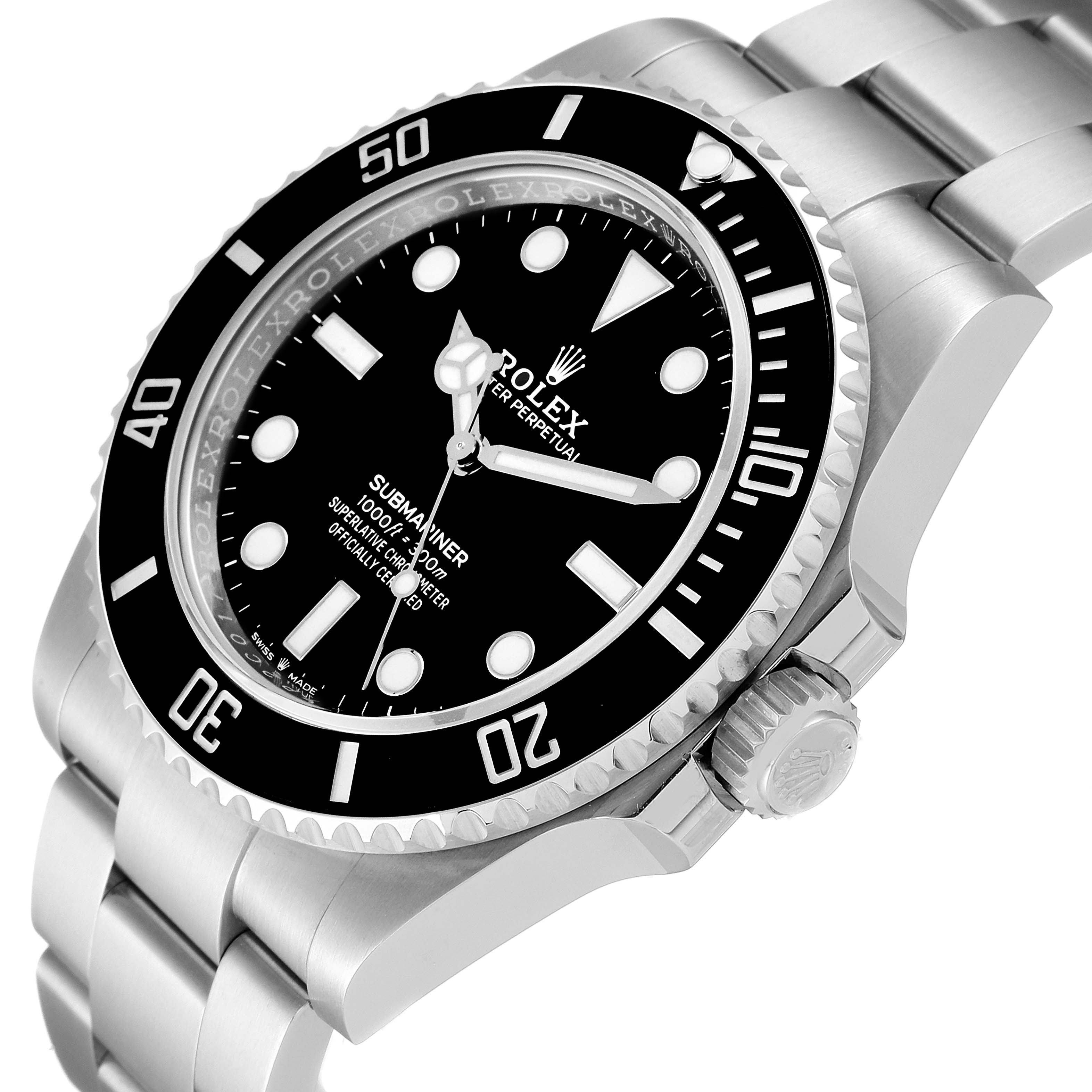 The image shows a close-up, angled view of the Rolex Submariner 124060 Men
s Stainless Steel Black Dial 124060 Men
s Stainless Steel Black Dial watch, highlighting its dial, bezel, crown, and part of the bracelet.