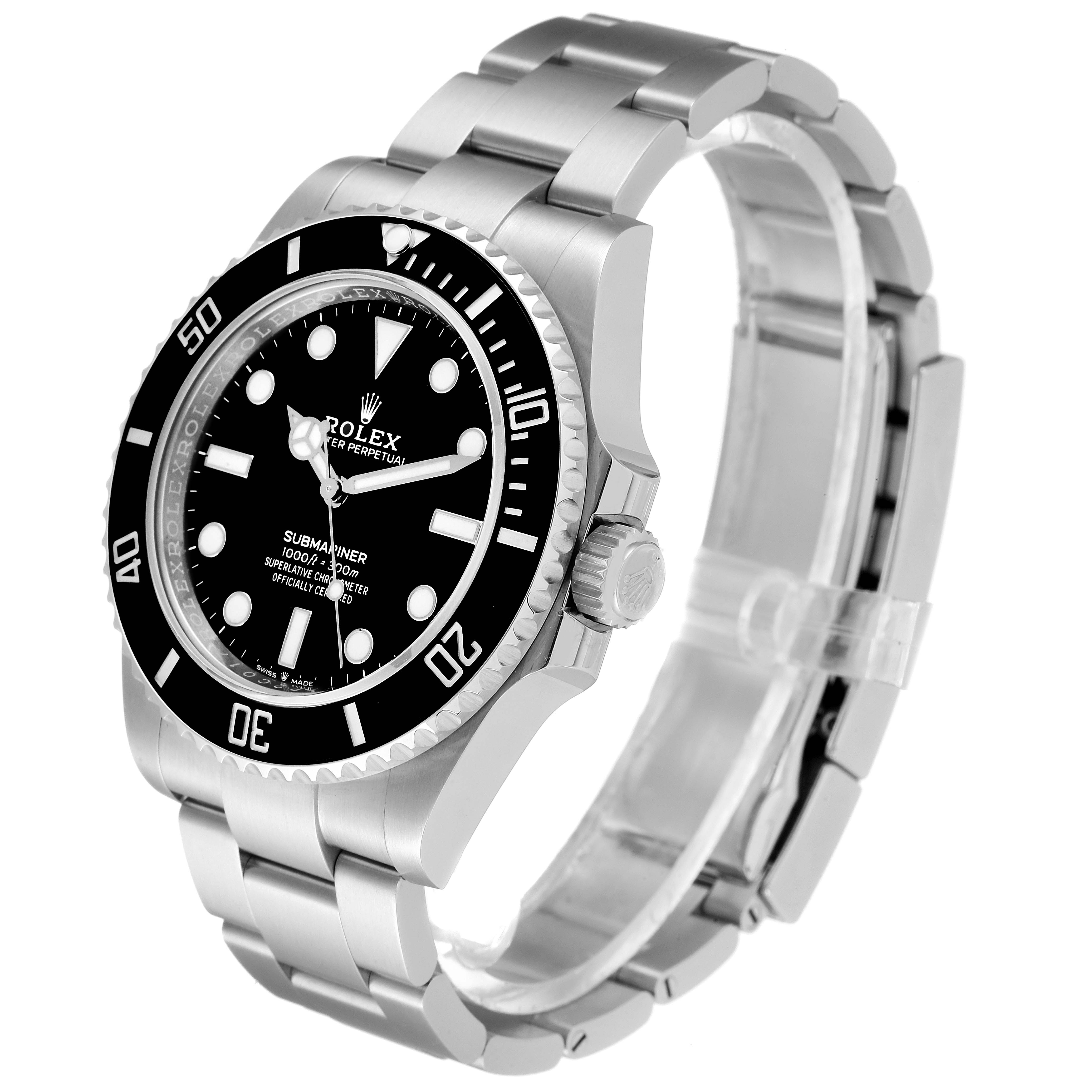 The image shows a Rolex Submariner 124060 Men
s Stainless Steel Black Dial 124060 Men
s Stainless Steel Black Dial watch from a 3/4 angle, highlighting the face, bezel, crown, and bracelet.