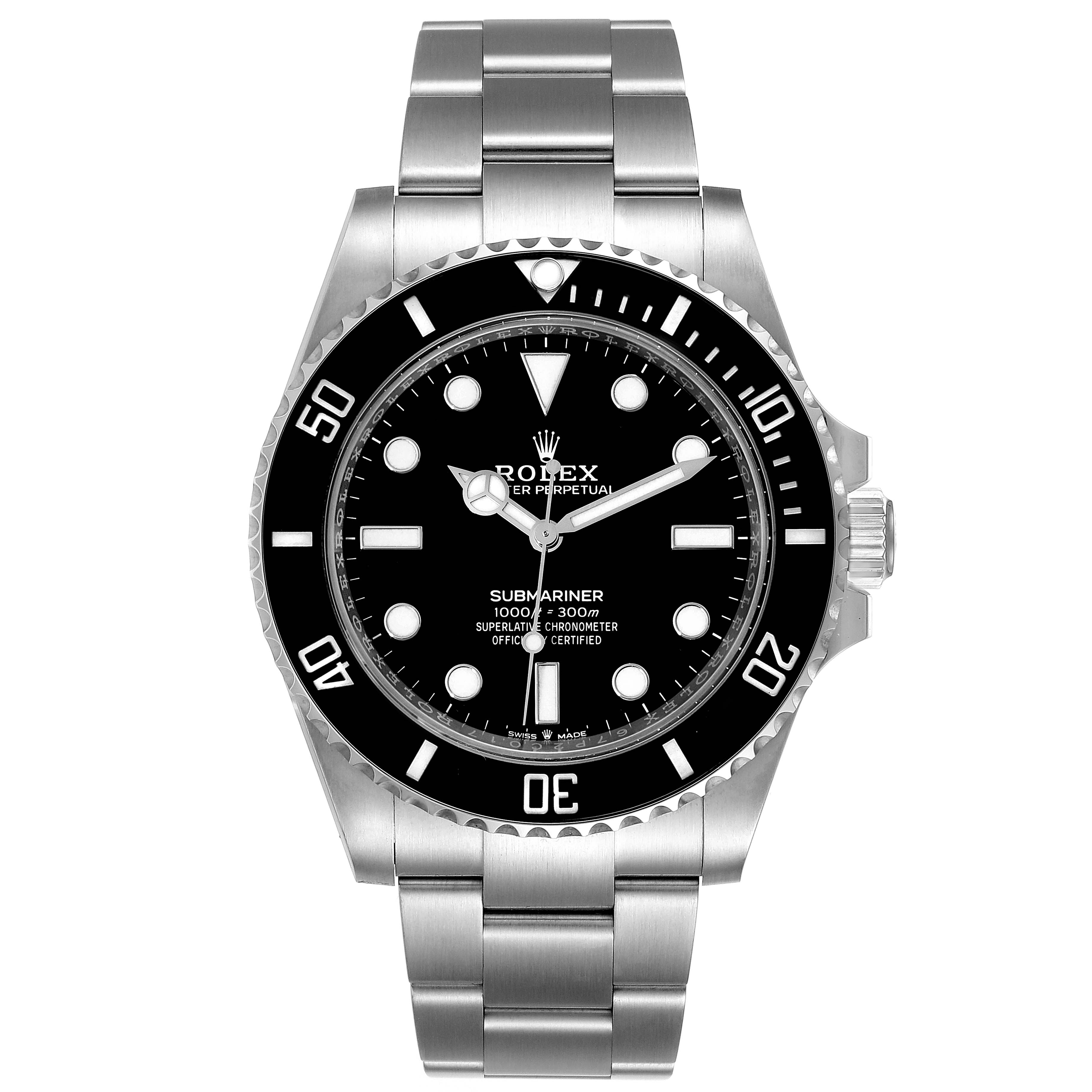 The image shows a front view of a Rolex Submariner 124060 Men
s Stainless Steel Black Dial 124060 Men
s Stainless Steel Black Dial watch, clearly displaying the dial, bezel, crown, and bracelet.