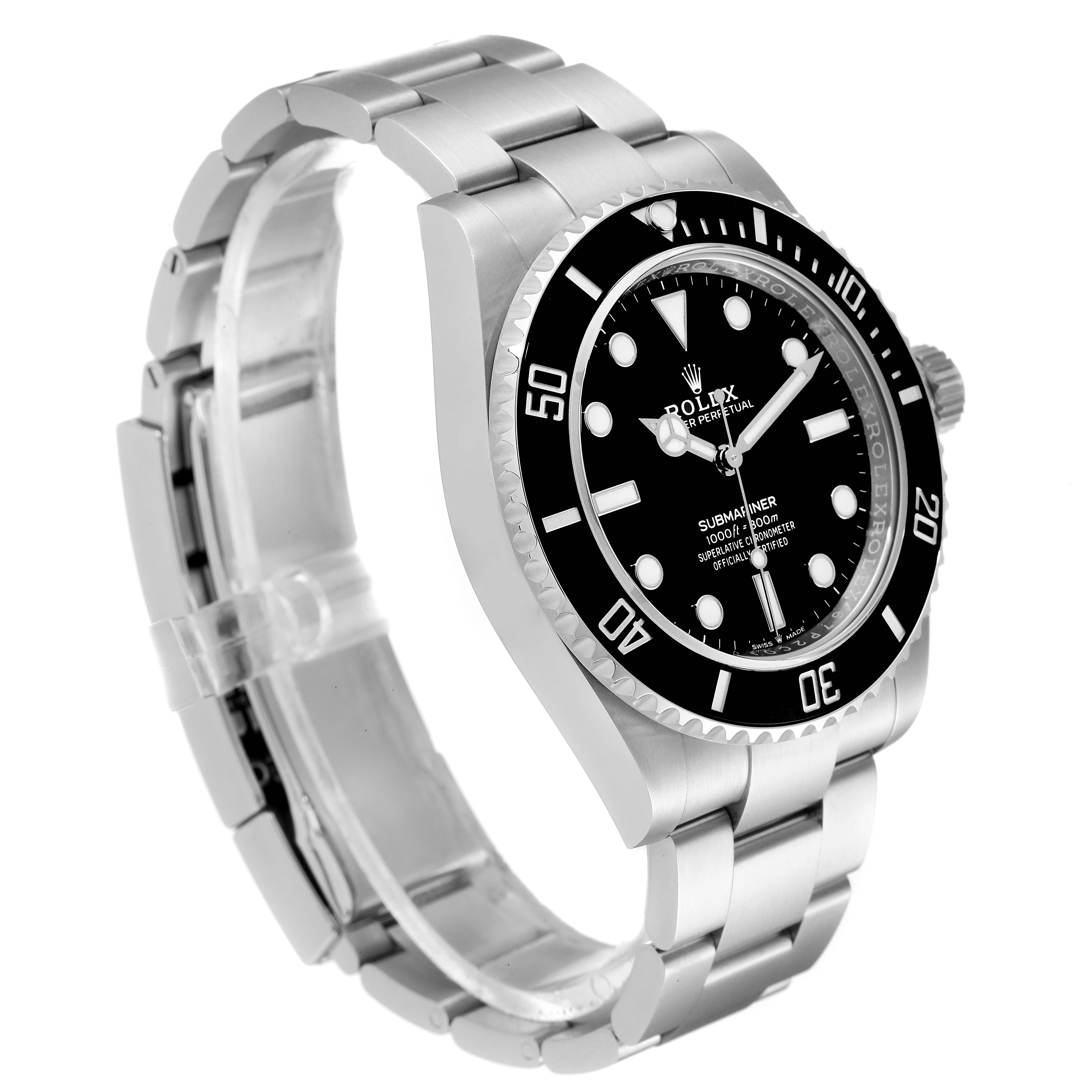 The image shows a Rolex Submariner 124060 Men
s Stainless Steel Black Dial 124060 Men
s Stainless Steel Black Dial watch at a three-quarter angle, displaying its face, bezel, and metal bracelet.