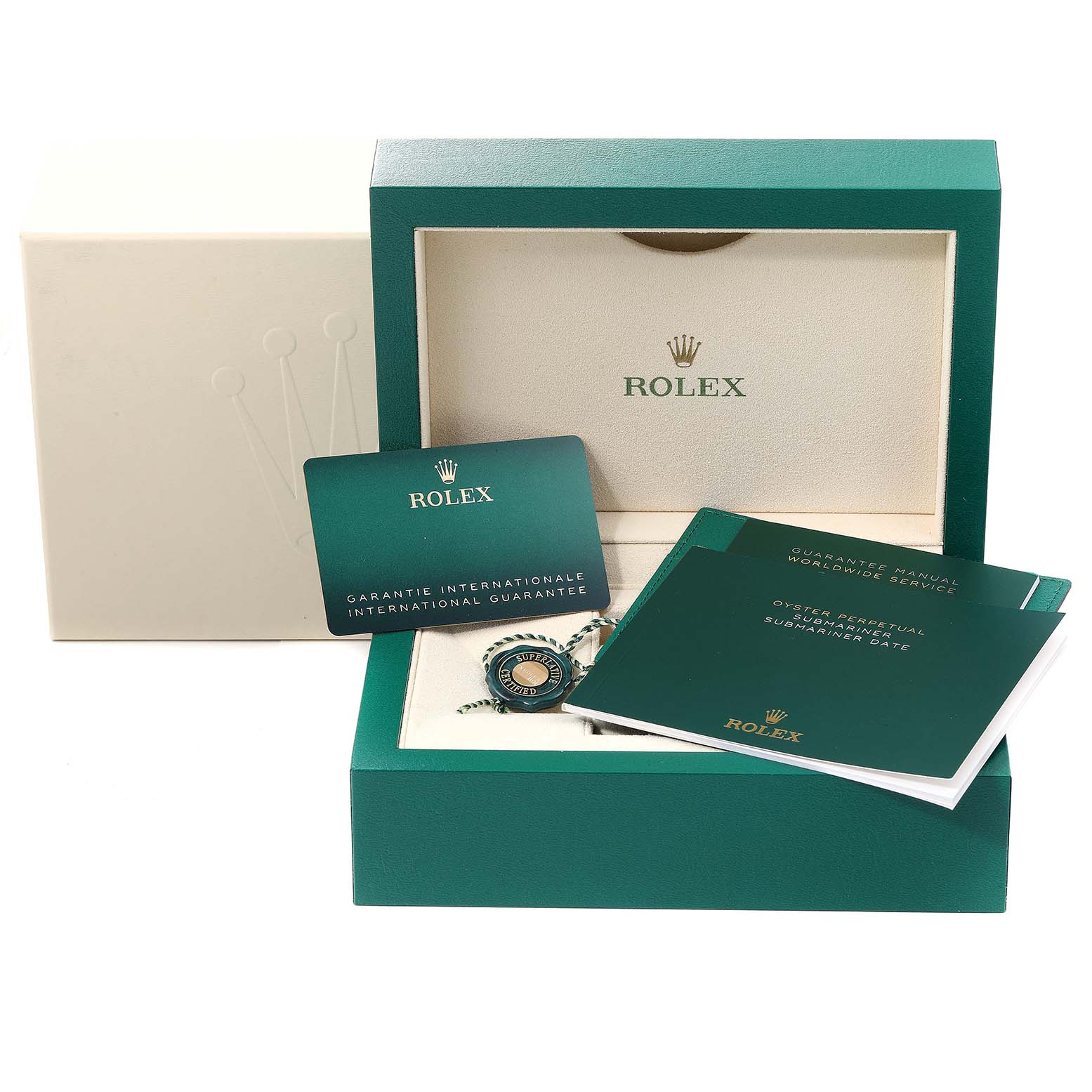 The image shows a Rolex Submariner 124060 Men
s Stainless Steel Black Dial 124060 Men
s Stainless Steel Black Dial watch box, a guarantee card, a manual, and hang tags.
