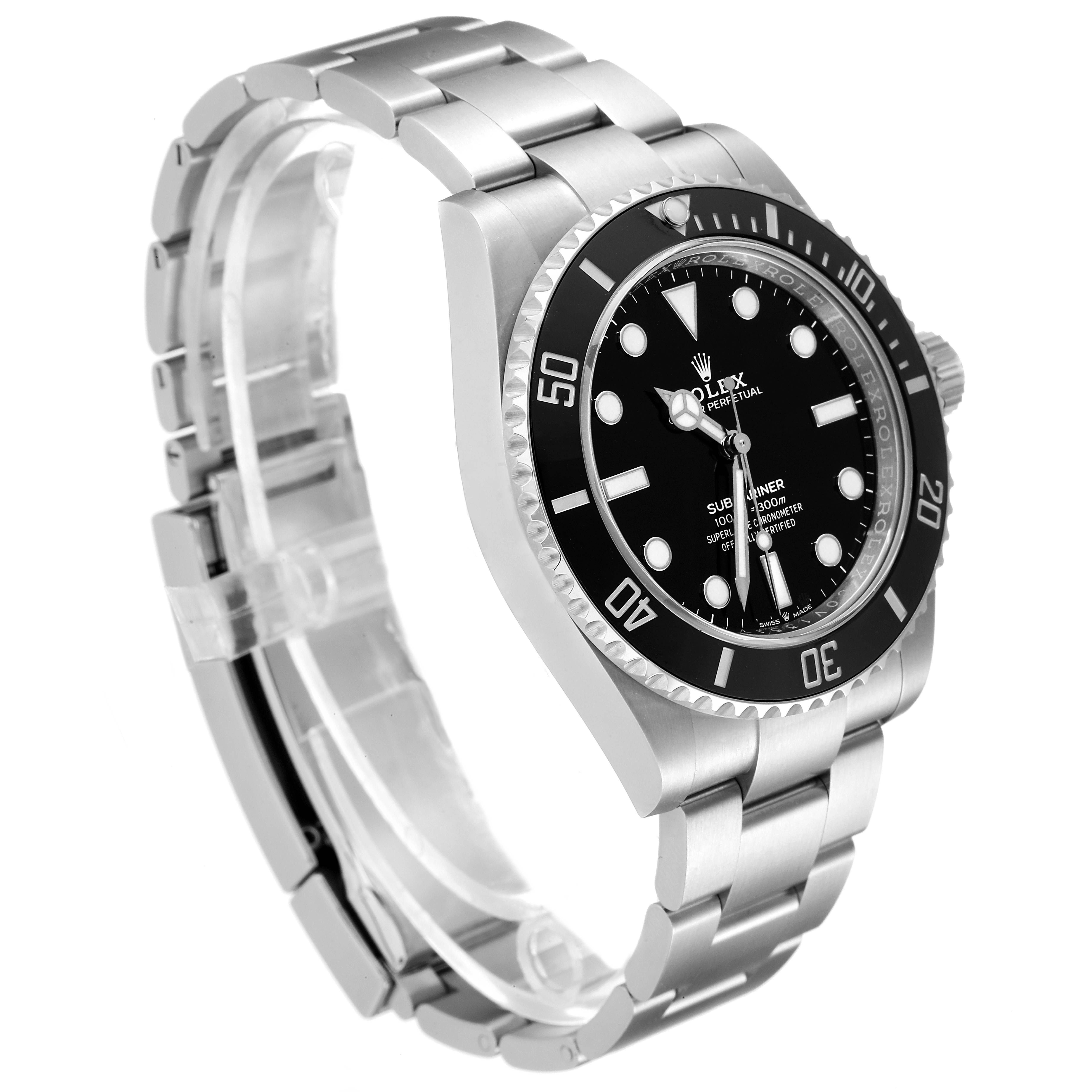 This image of the Rolex Submariner 124060 Men
s Stainless Steel Black Dial 124060 Men
s Stainless Steel Black Dial shows a front-side angle, highlighting the bezel, dial, and bracelet.