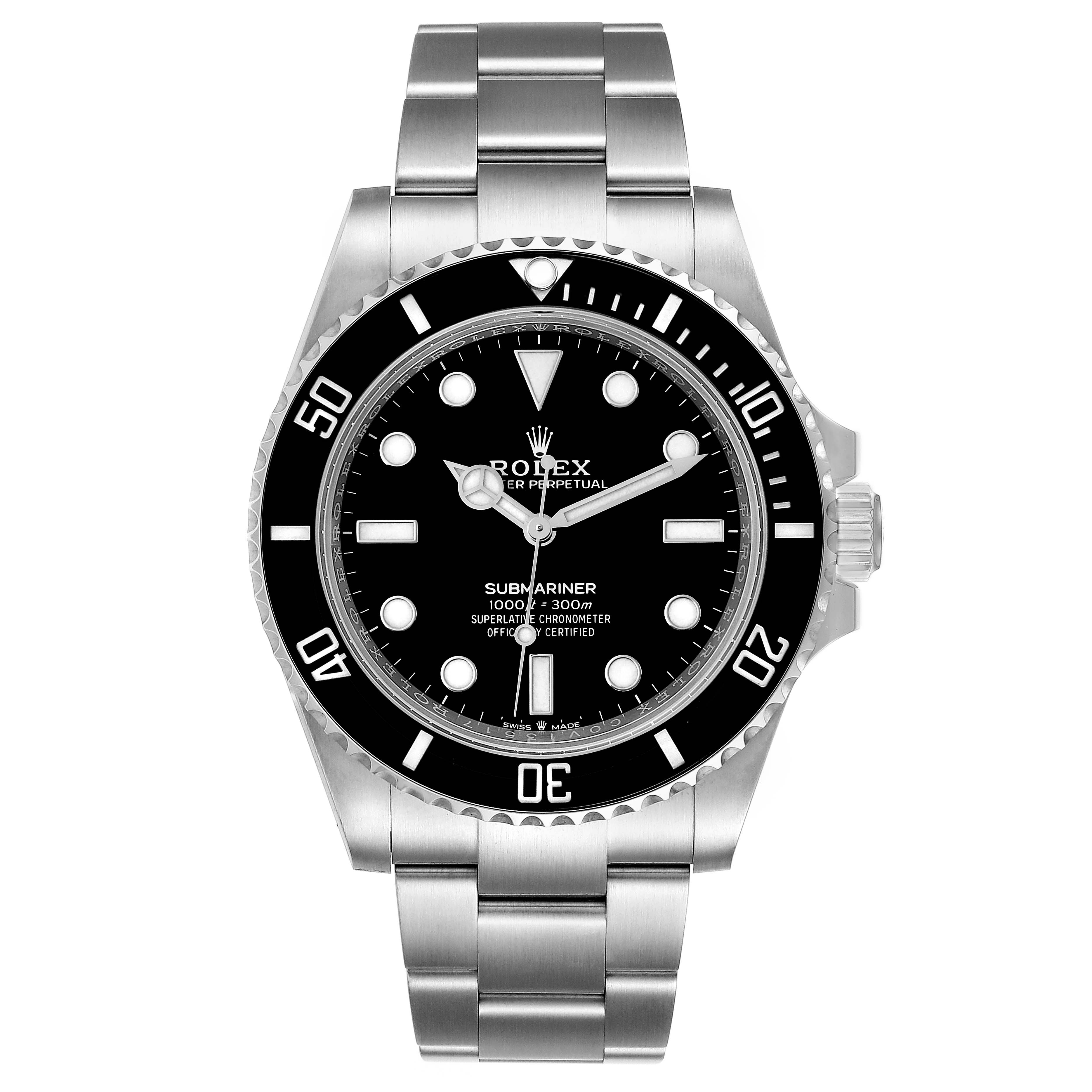 The Rolex Submariner 124060 Men
s Stainless Steel Black Dial 124060 Men
s Stainless Steel Black Dial watch is shown from a front angle, displaying its dial, bezel, and bracelet.