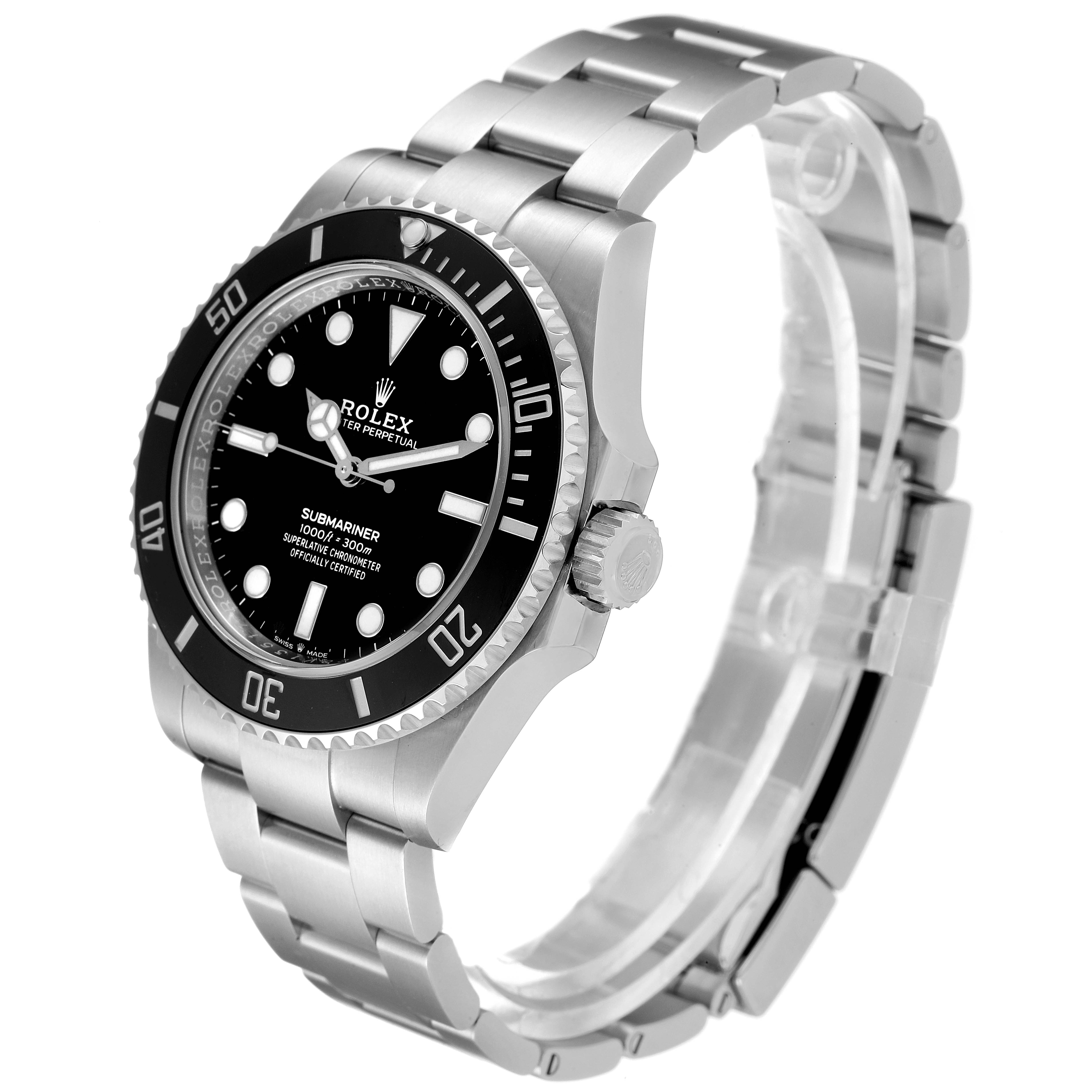 The Rolex Submariner 124060 Men
s Stainless Steel Black Dial 124060 Men
s Stainless Steel Black Dial watch is shown at a three-quarter angle, displaying its face, bezel, crown, and part of the bracelet.