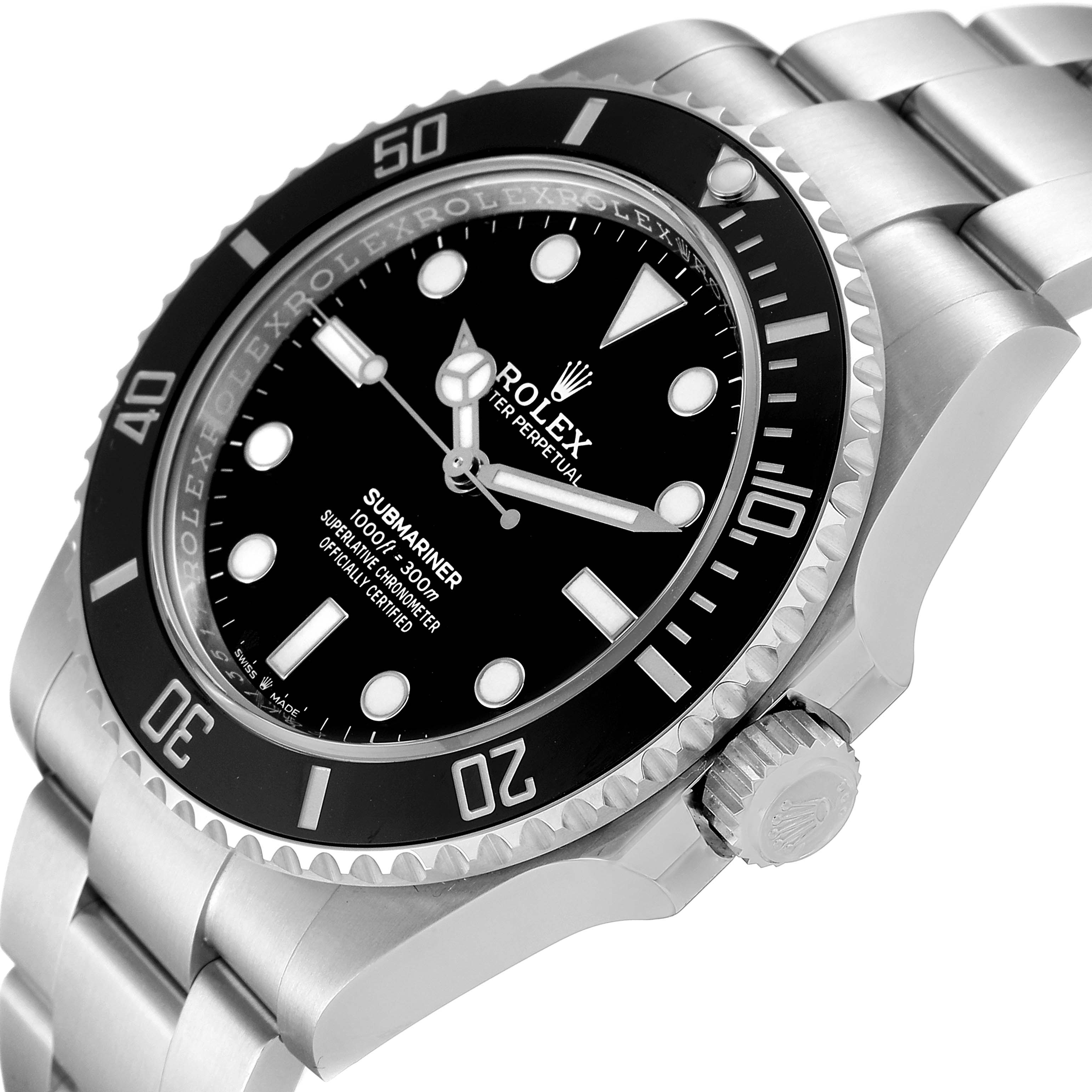 This image shows a close-up angled view of the Rolex Submariner 124060 Men
s Stainless Steel Black Dial 124060 Men
s Stainless Steel Black Dial watch, highlighting the bezel, crown, dial, and part of the bracelet.