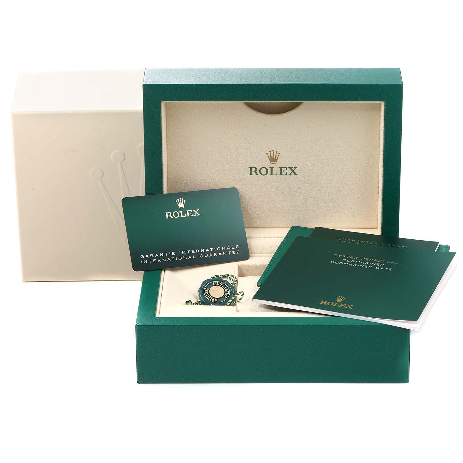 The image shows the packaging and accessories for a Rolex Submariner 124060 Men
s Stainless Steel Black Dial 124060 Men
s Stainless Steel Black Dial, including certificates, a manual, and a branded tag.