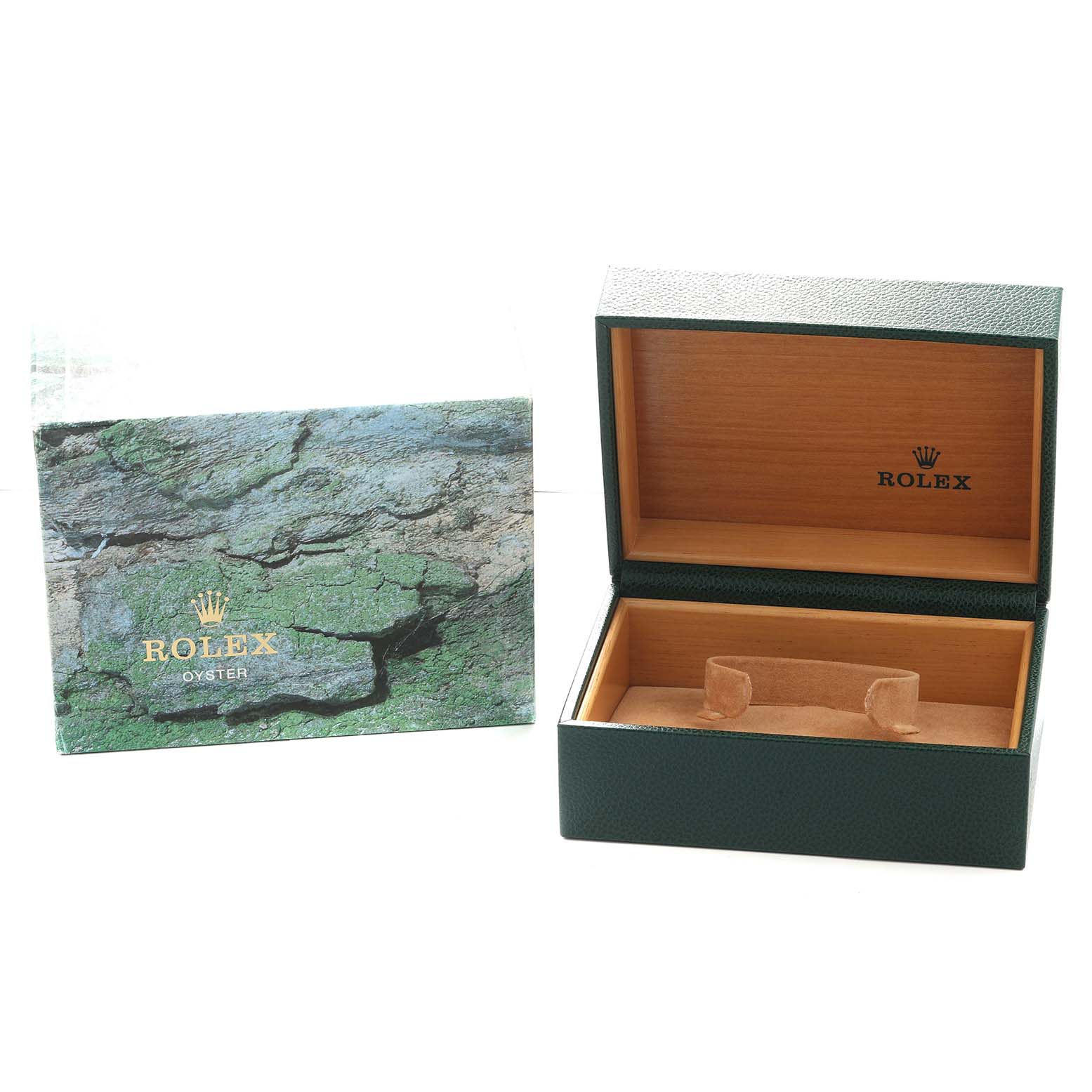 The image shows an open Rolex Submariner 14060 Men
s Stainless Steel Black Dial box with a green outer cover and wood-finished interior.