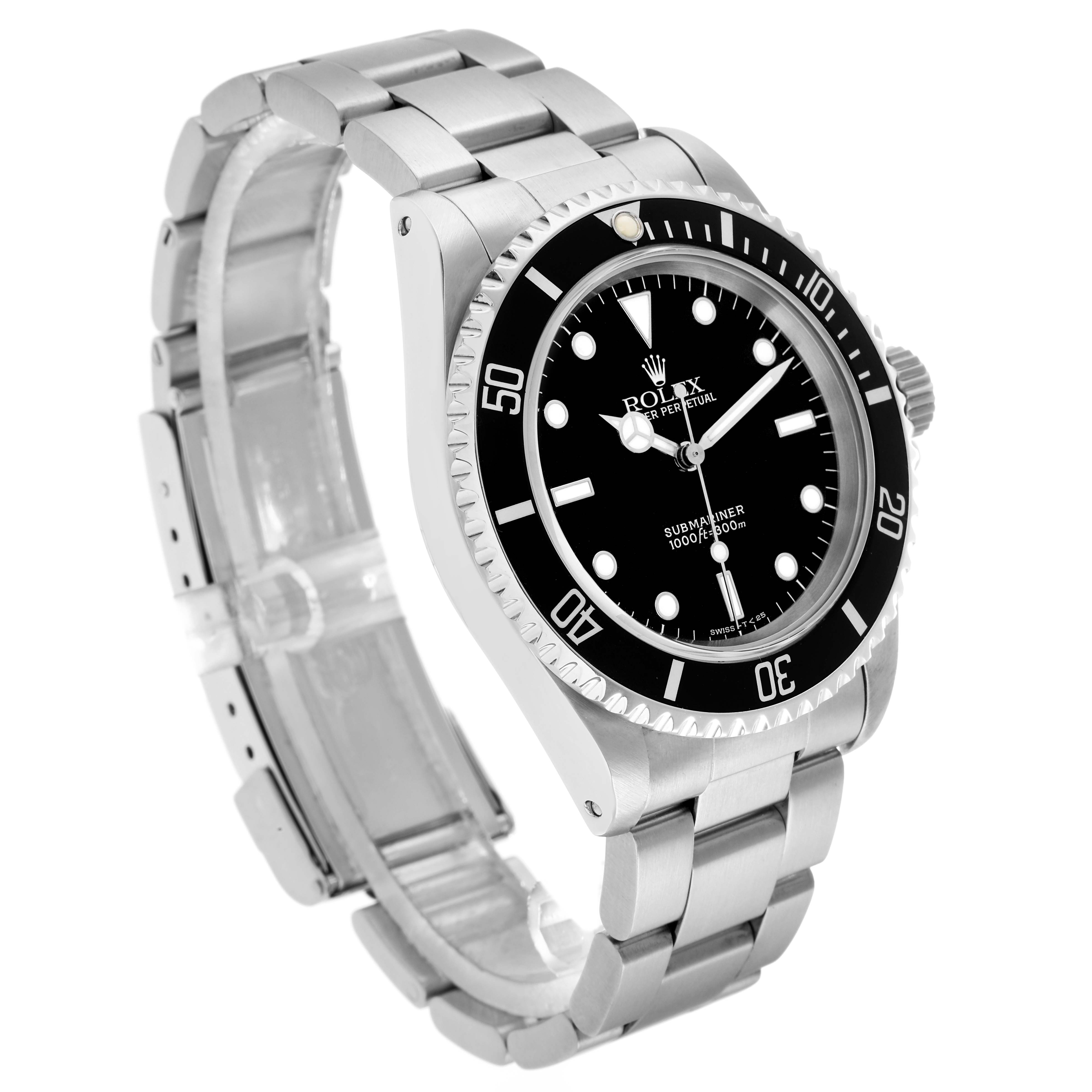 The Rolex Submariner 14060 Men
s Stainless Steel Black Dial is shown at a three-quarter angle, displaying the face, bezel, crown, and part of the bracelet.