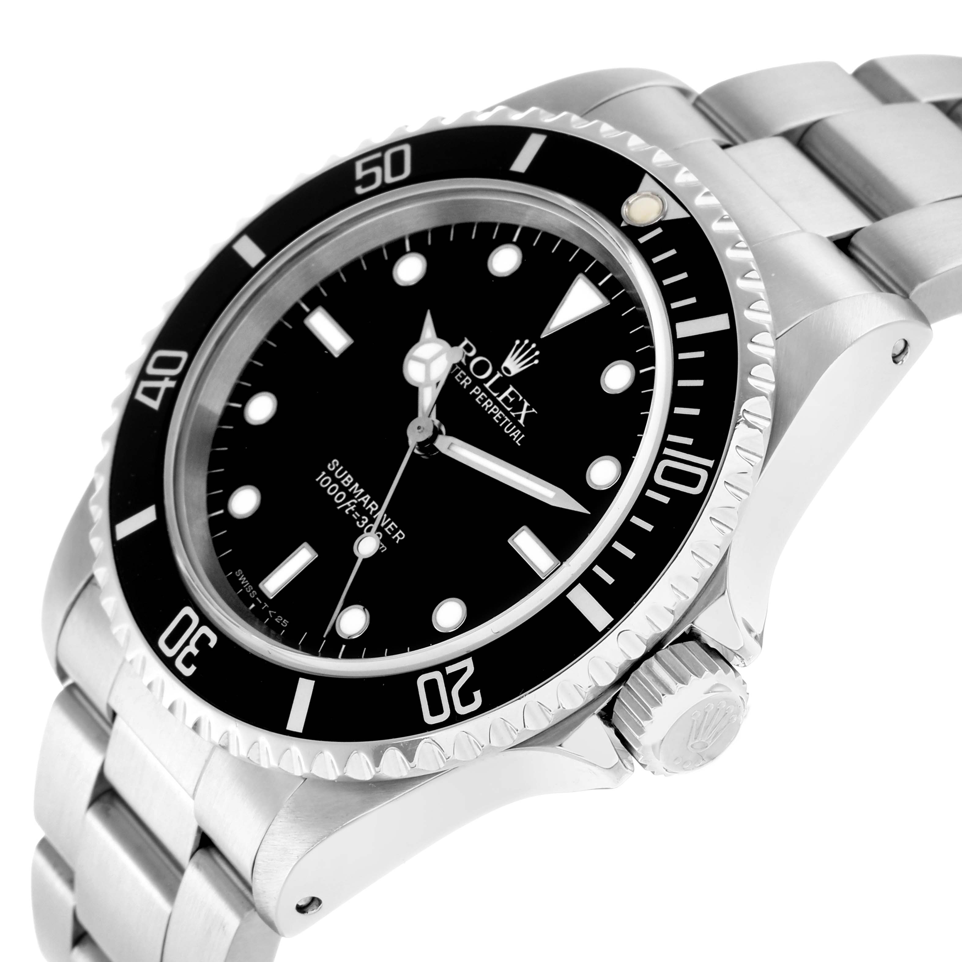 The Rolex Submariner 14060 Men
s Stainless Steel Black Dial watch is shown at an angled perspective, highlighting its face, bezel, and part of the bracelet.
