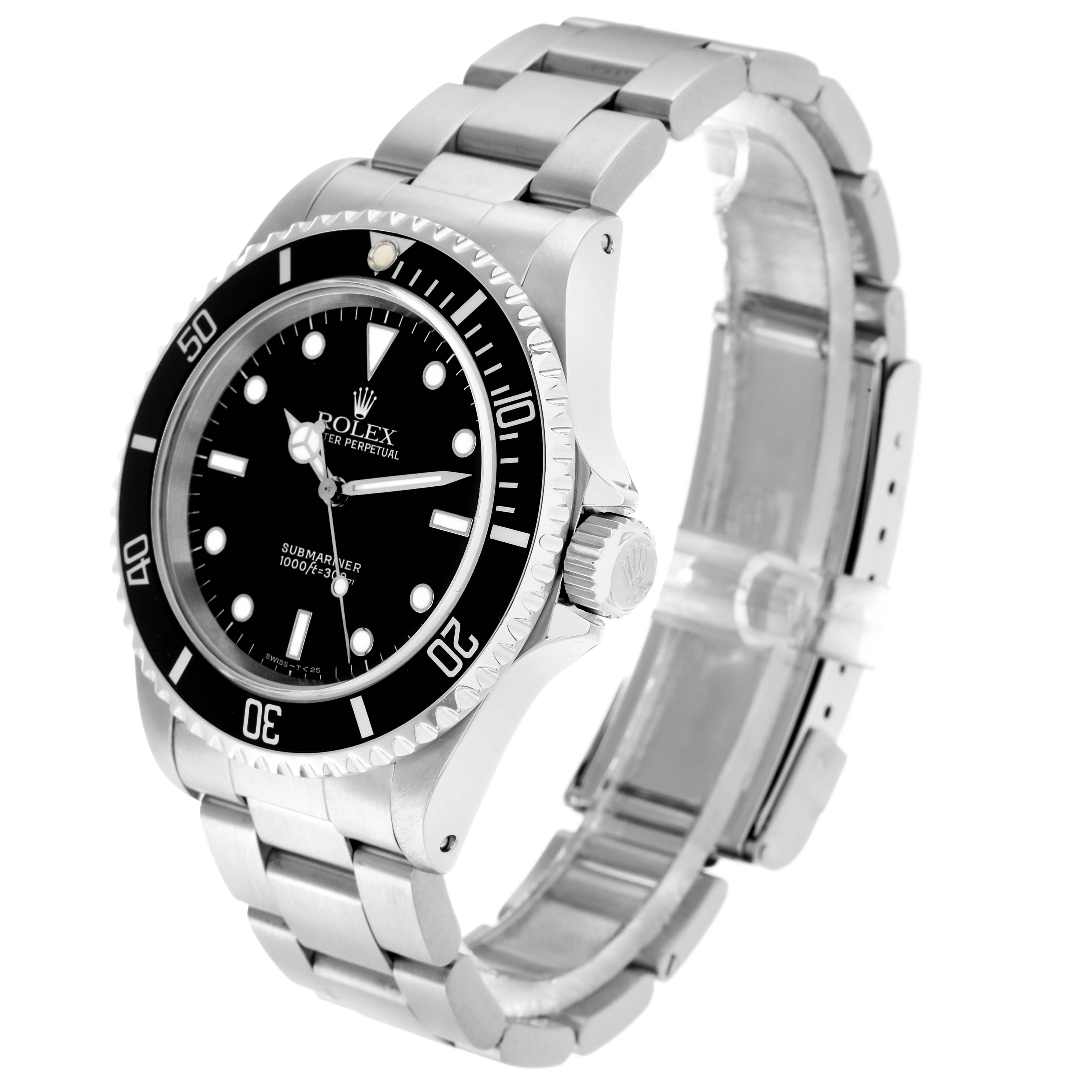 The image shows a Rolex Submariner 14060 Men
s Stainless Steel Black Dial watch angled to display the face, bezel, crown, and bracelet.