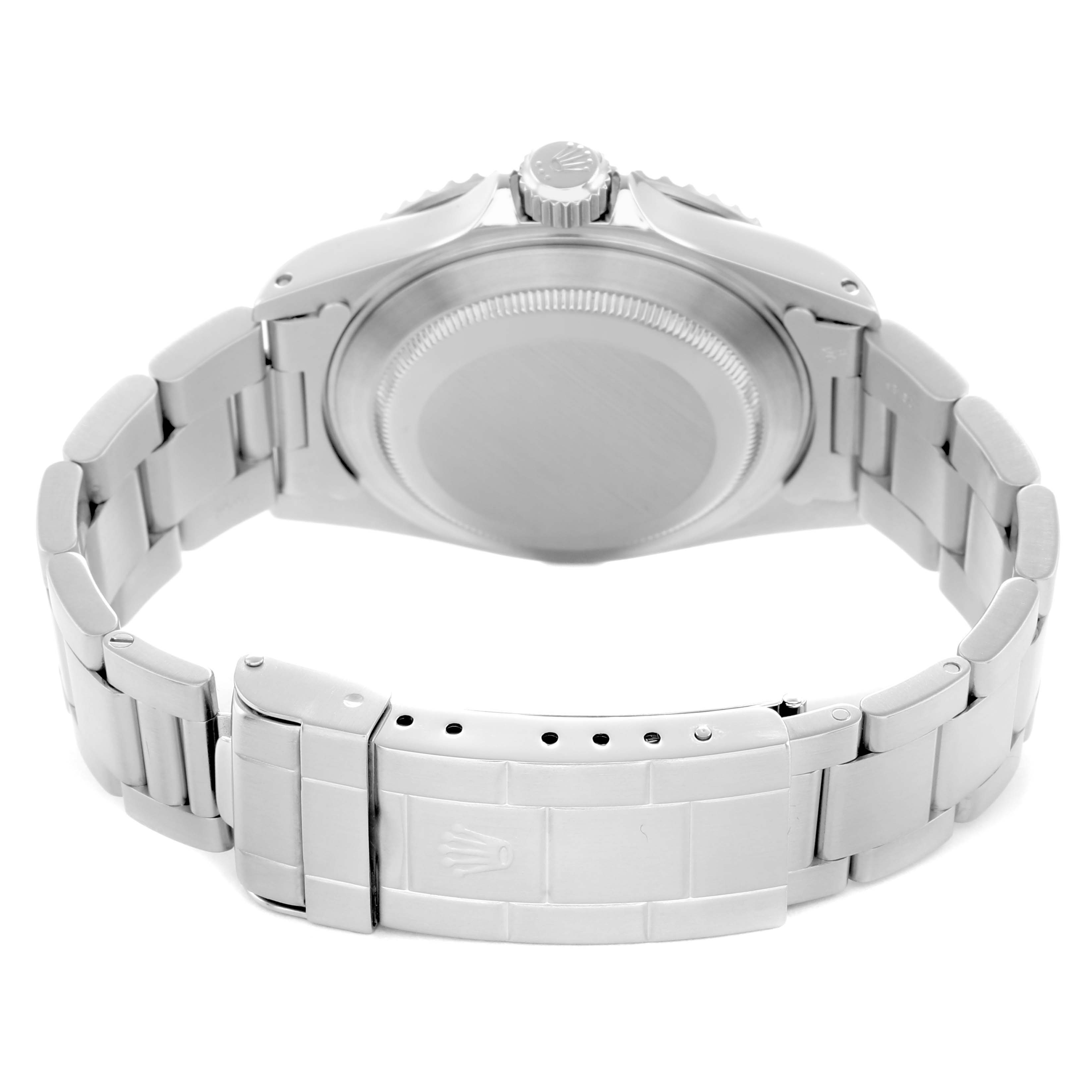 The image shows the back view of a Rolex Submariner 14060 Men
s Stainless Steel Black Dial, highlighting the case back, crown, and clasp of the bracelet.