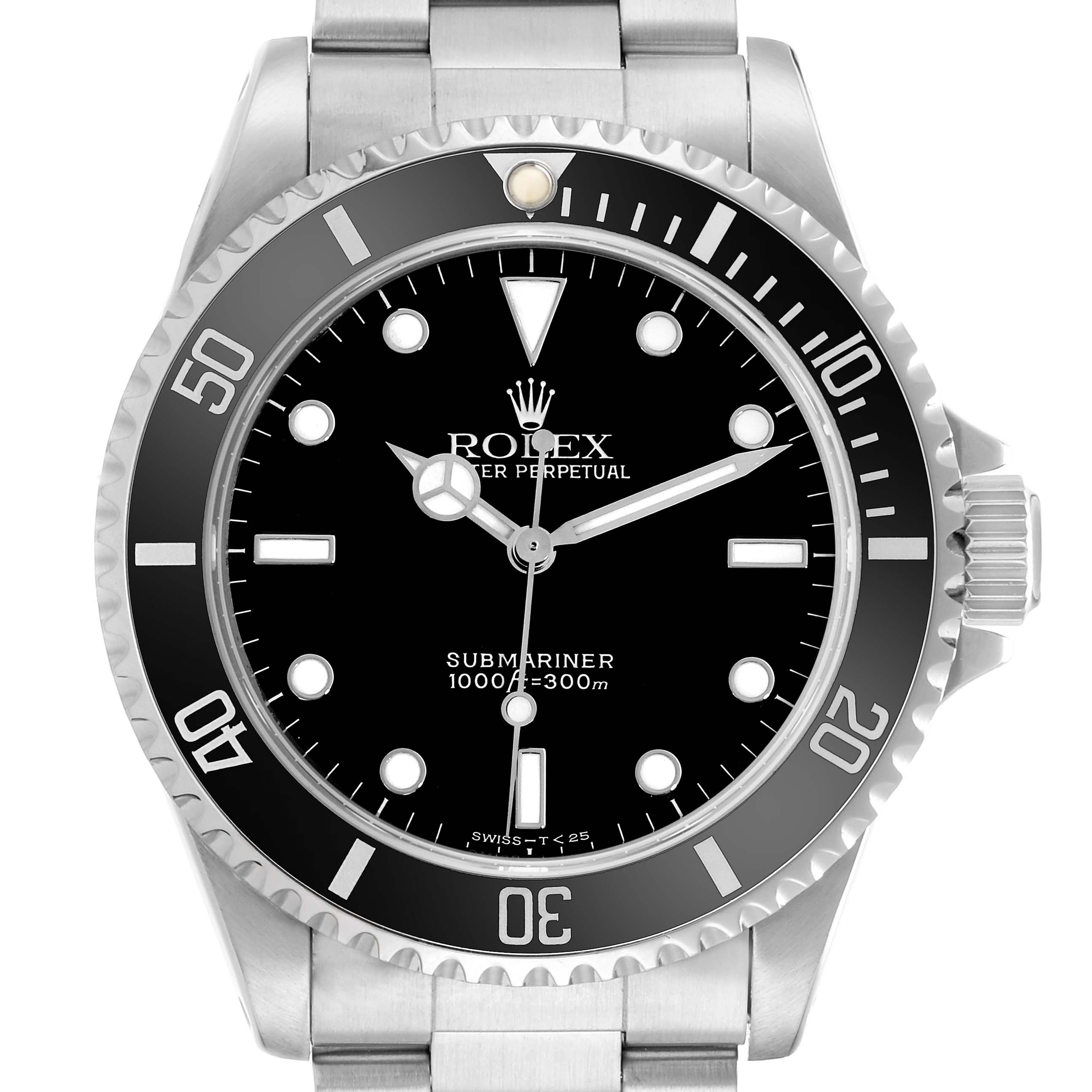 The Rolex Submariner 14060 Men
s Stainless Steel Black Dial watch is shown from the front, displaying the dial, bezel, crown, and part of the bracelet.