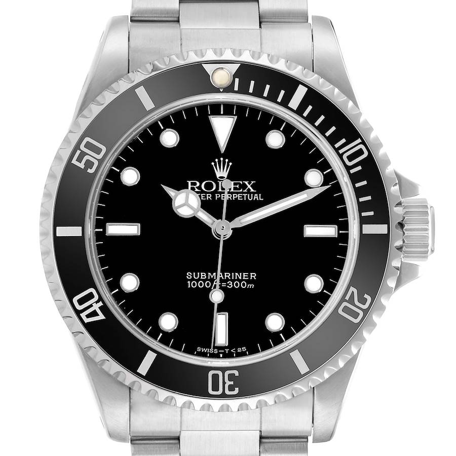 The Rolex Submariner 14060 Men's Stainless Steel Black Dial watch is shown from the front, displaying the dial, bezel, crown, and part of the bracelet.