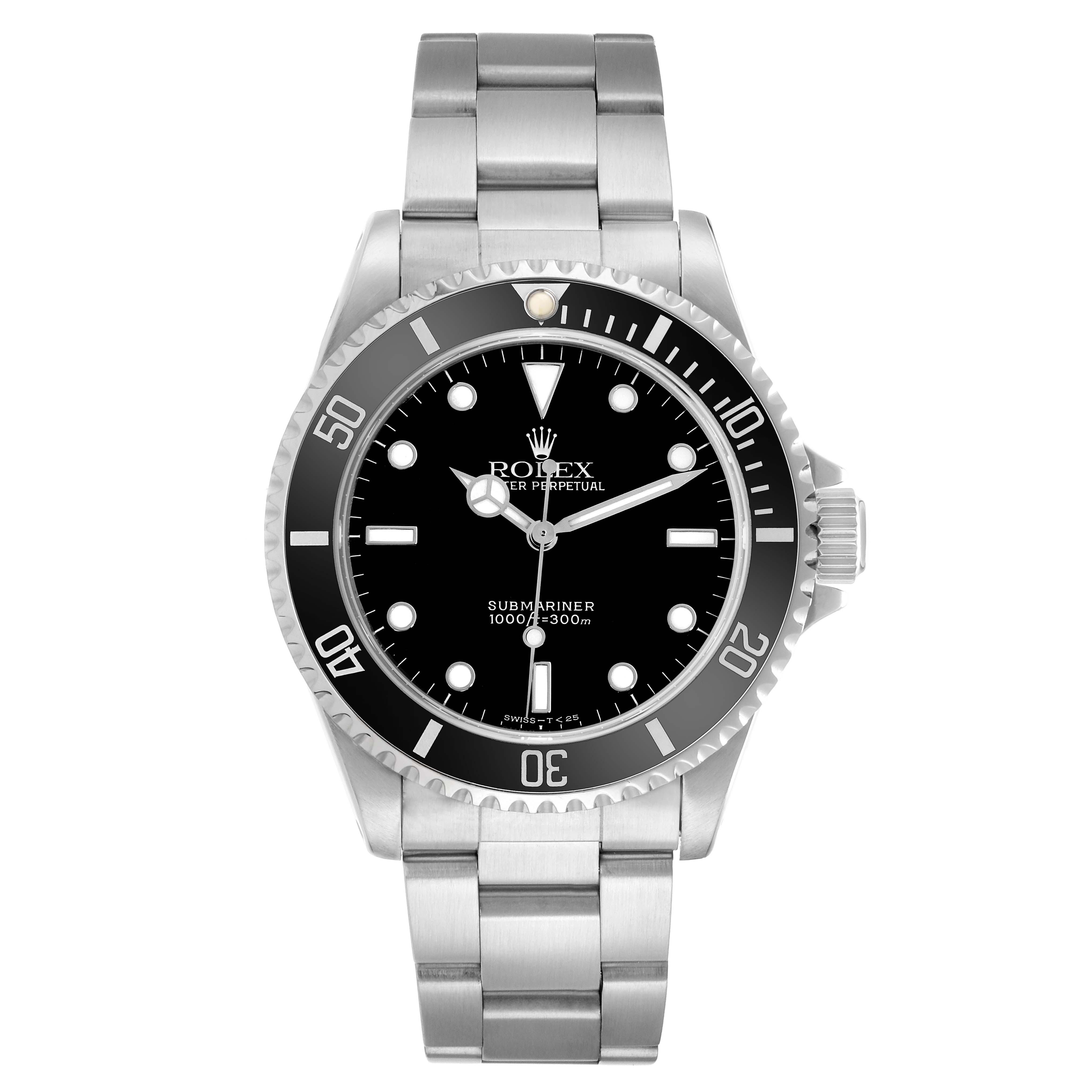 The Rolex Submariner 14060 Men
s Stainless Steel Black Dial watch is shown from the front, displaying the dial, bezel, bracelet, and crown.