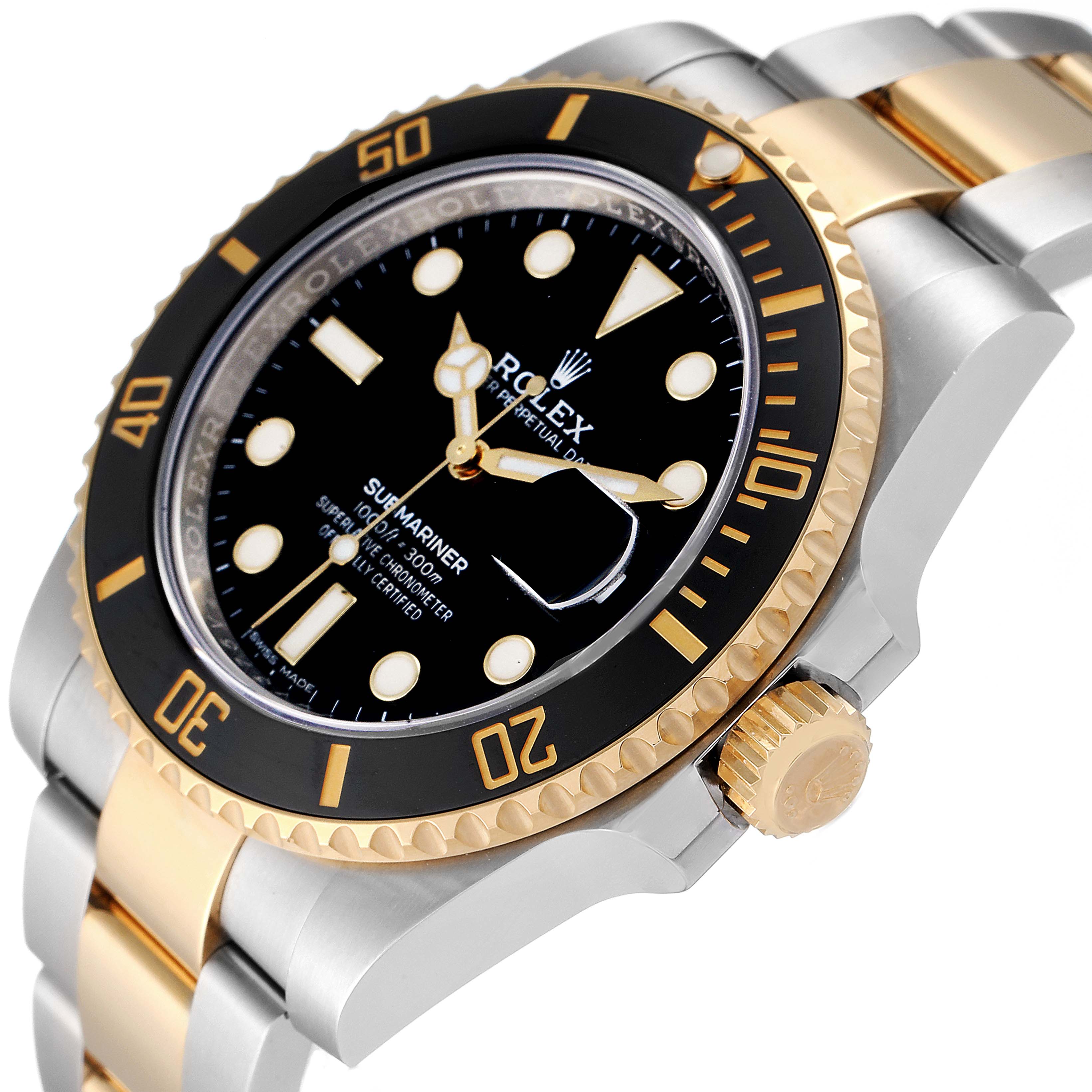 This image shows a close-up side angle of a Rolex Submariner 116613 Men's Steel and Gold (two tone) Black Dial 116613 Men's Steel and Gold (two tone) Black Dial, highlighting the gold and silver bracelet, dial, bezel, and crown.