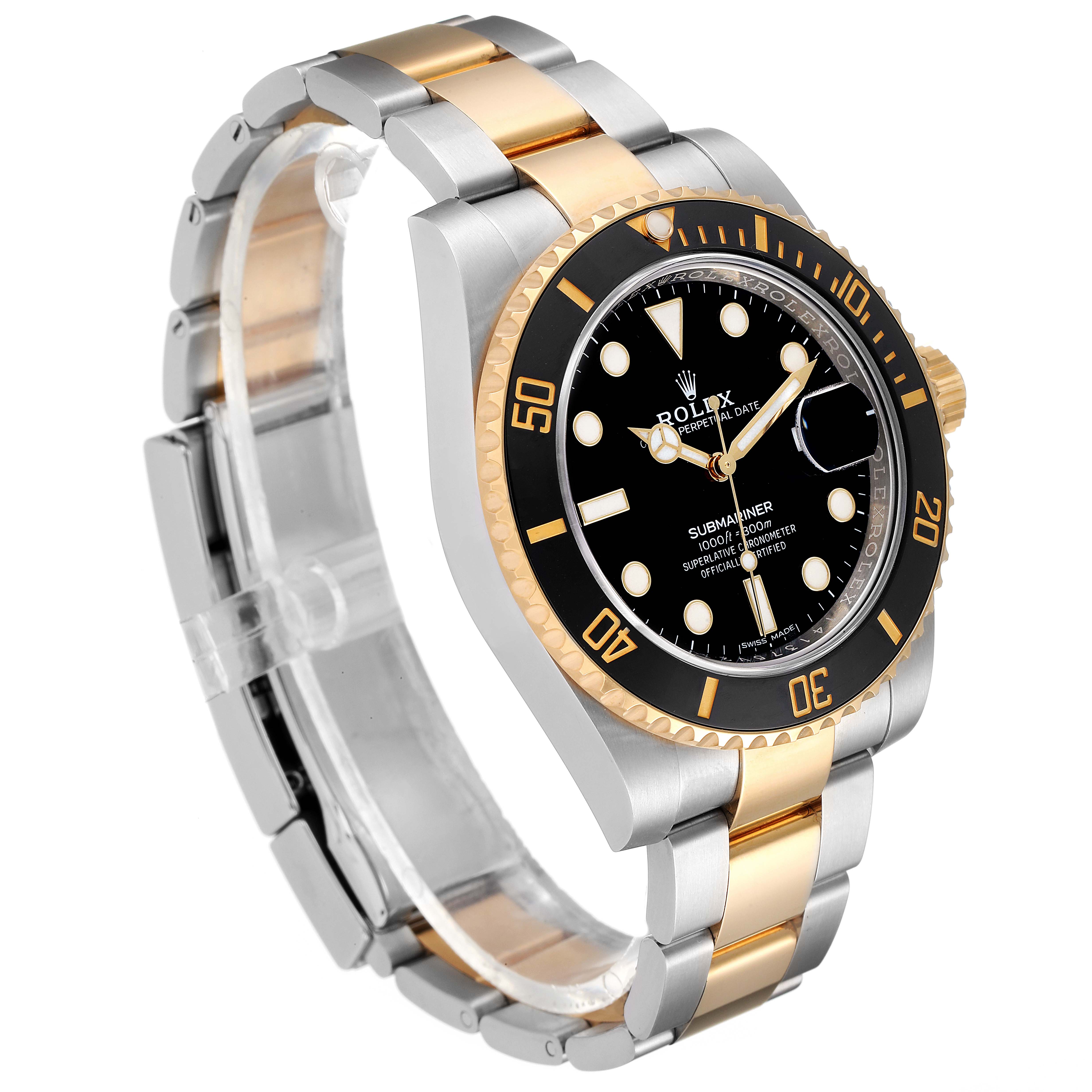 The image shows a Rolex Submariner 116613 Men's Steel and Gold (two tone) Black Dial 116613 Men's Steel and Gold (two tone) Black Dial watch at an angle highlighting its black dial, gold bezel, and two-tone stainless steel and gold bracelet.