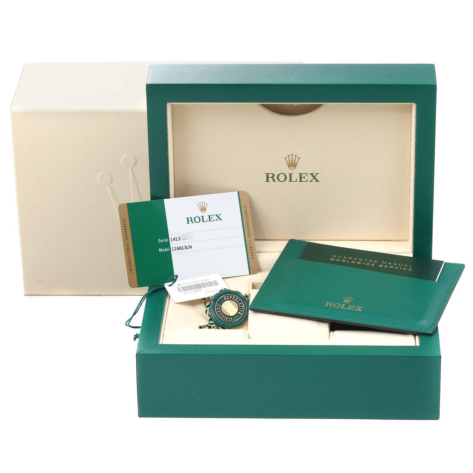 The image shows the packaging, warranty card, guarantee manual, and tags of a Rolex Submariner 116613 Men's Steel and Gold (two tone) Black Dial 116613 Men's Steel and Gold (two tone) Black Dial.