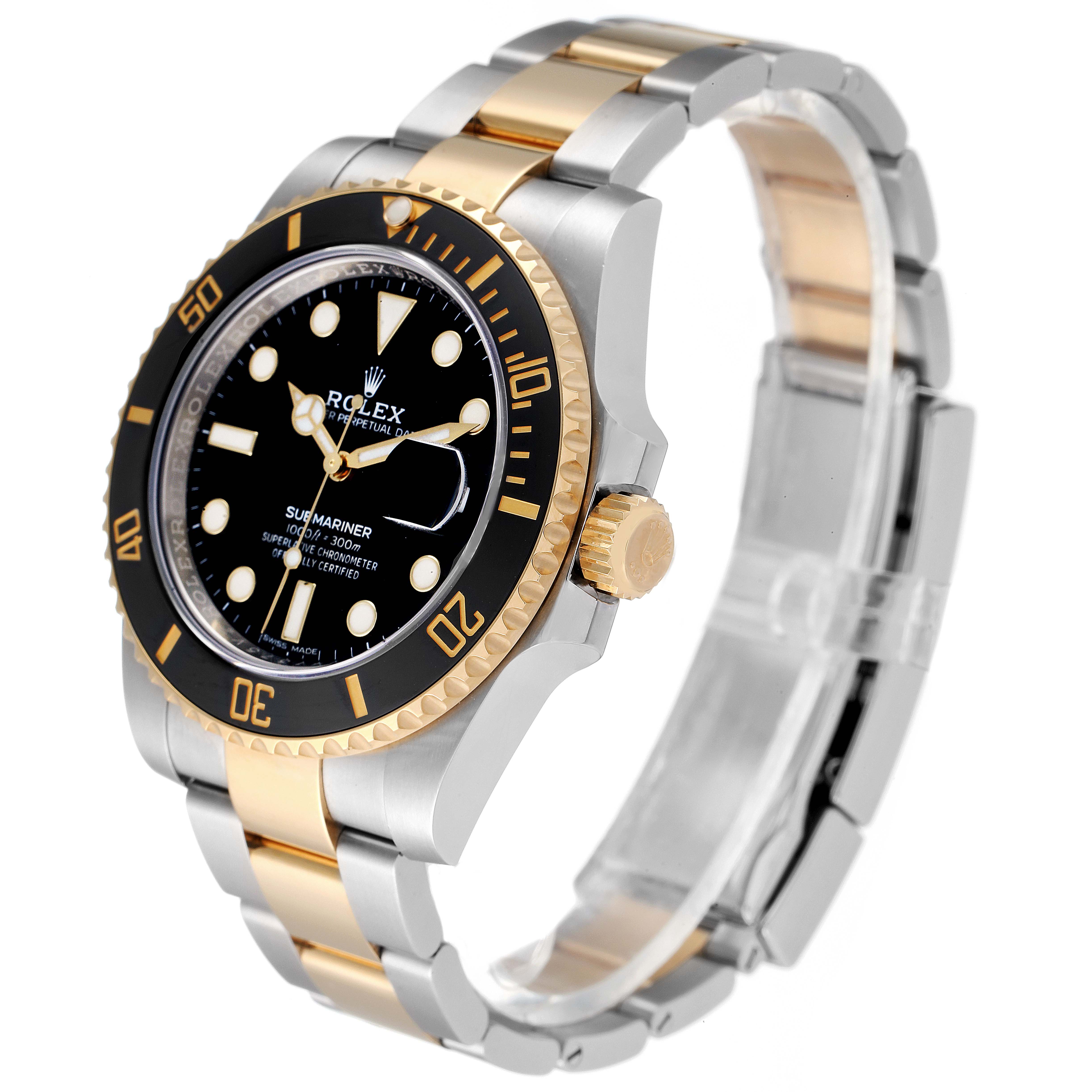 The image shows a Rolex Submariner 116613 Men's Steel and Gold (two tone) Black Dial 116613 Men's Steel and Gold (two tone) Black Dial watch at a three-quarter angle, highlighting the dial, bezel, crown, and bracelet.