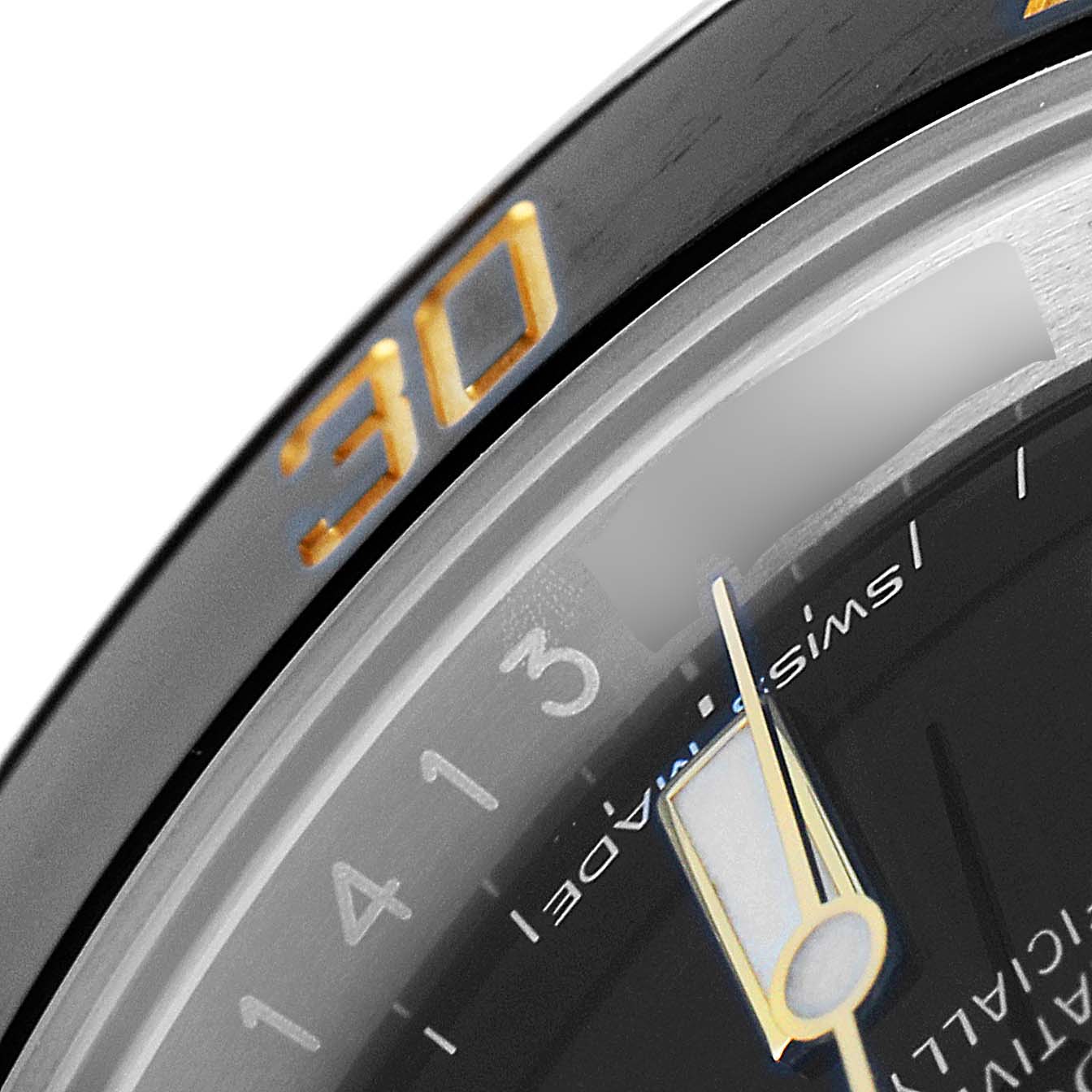 The image shows a close-up of the bezel and dial of a Rolex Submariner 116613 Men's Steel and Gold (two tone) Black Dial 116613 Men's Steel and Gold (two tone) Black Dial watch, highlighting the minute and hour hands and the 30-minute marker.