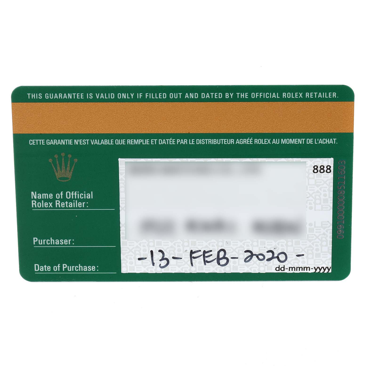 The image shows the warranty card for a Rolex Submariner 116613 Men's Steel and Gold (two tone) Black Dial 116613 Men's Steel and Gold (two tone) Black Dial with purchase details and retailer information.